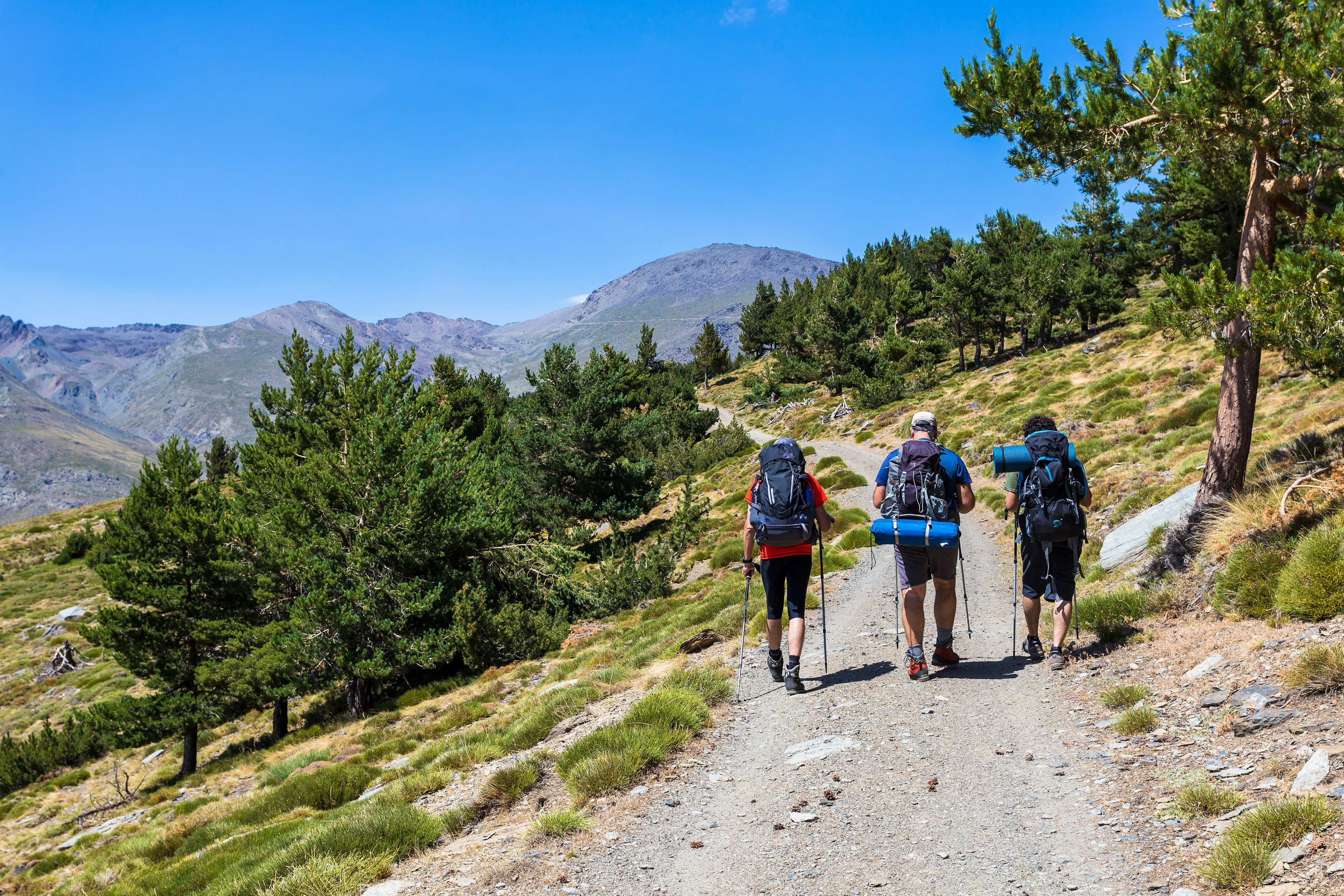 Three hikers walking in the morning on the path that leads to Mulhacen.