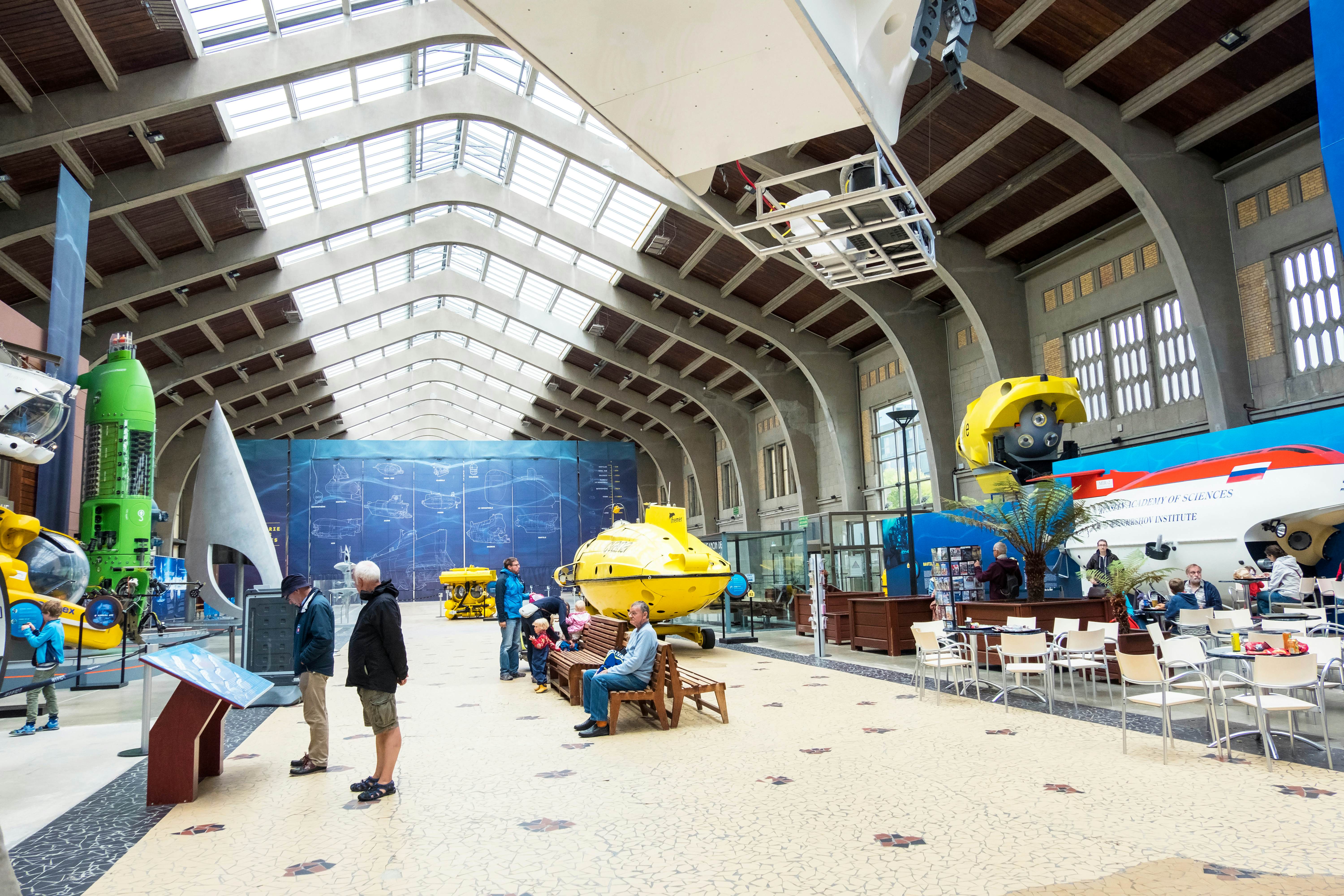 The Great Hall with famous bathyscaphes in the maritime museum La Cite de La Mer in Cherbourg, France.