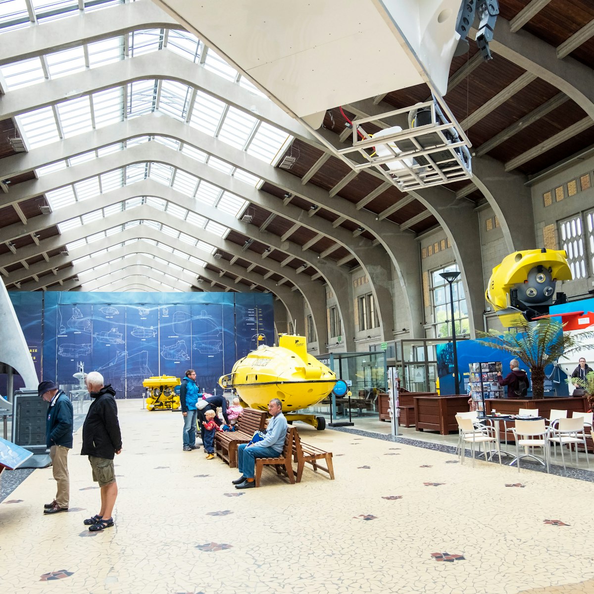 The Great Hall with famous bathyscaphes in the maritime museum La Cite de La Mer in Cherbourg, France.
