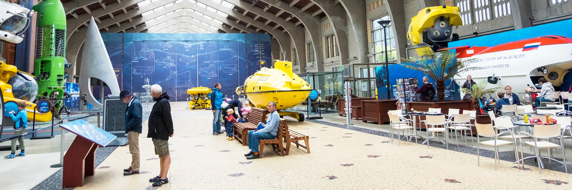 The Great Hall with famous bathyscaphes in the maritime museum La Cite de La Mer in Cherbourg, France.