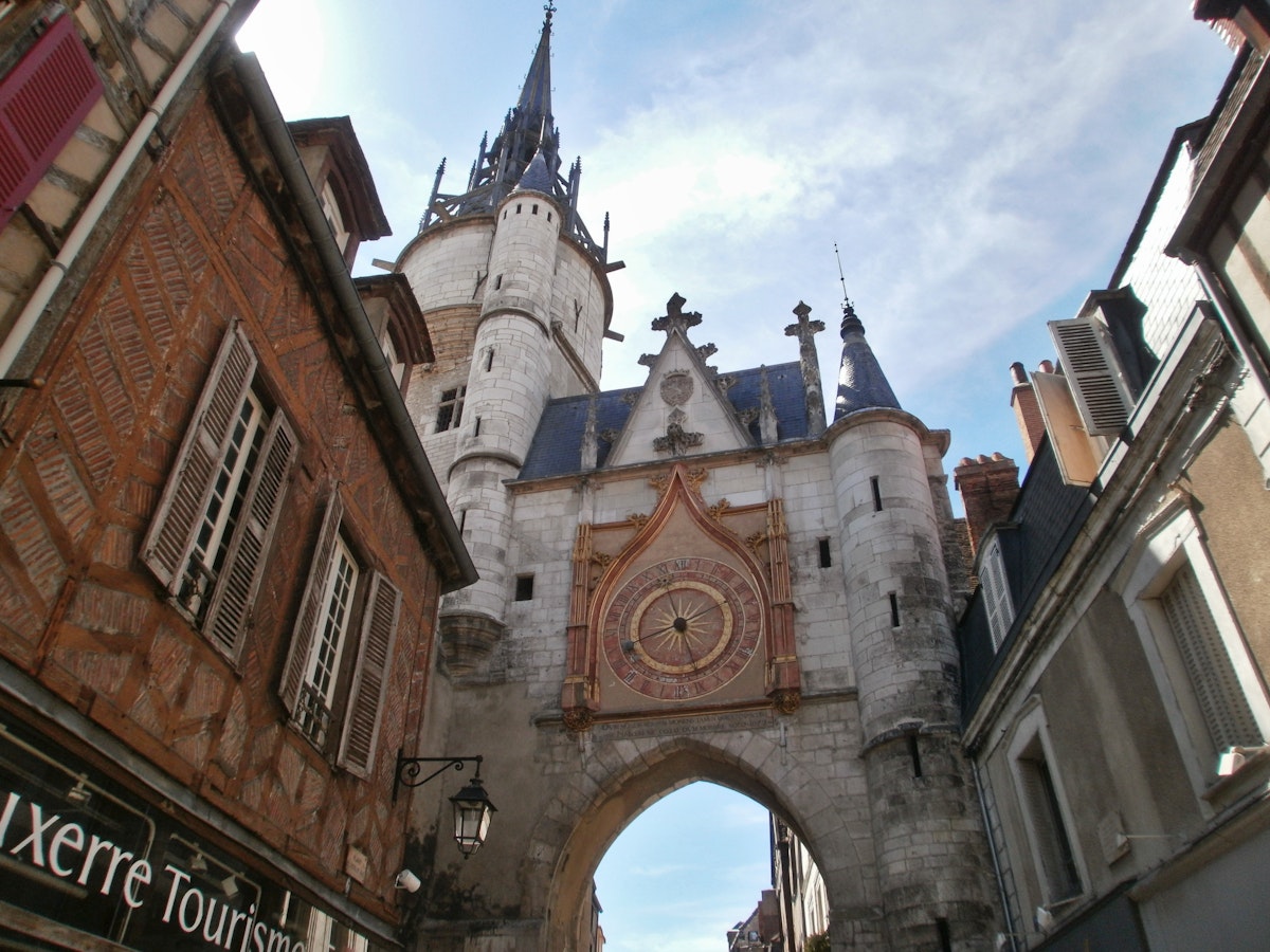 The clock tower in Auxerre, France.