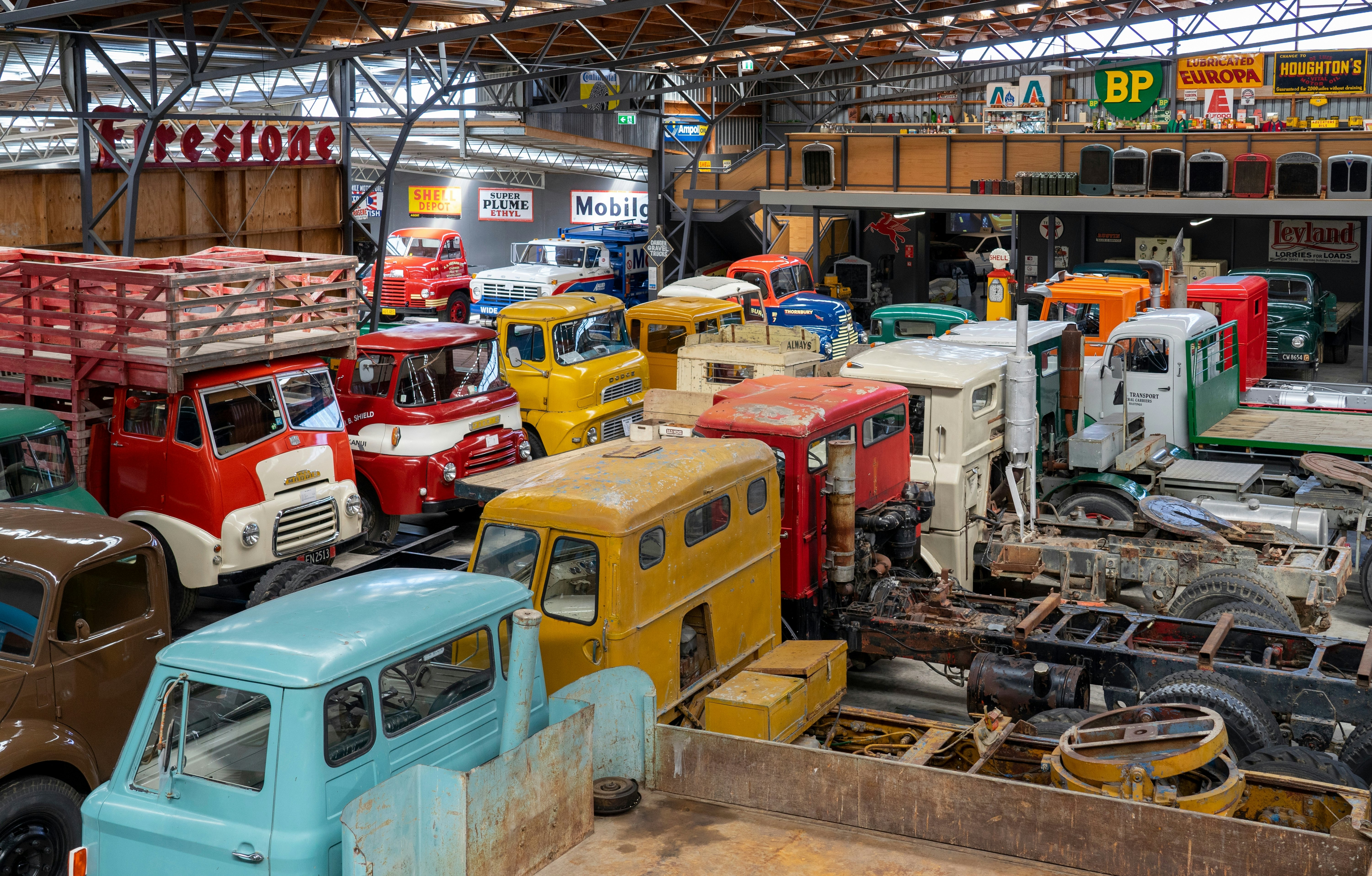 Colorful heavy vintage truck collection in the Bill Richardson Transport World Museum in Invercargill, South Island, New Zealand.
