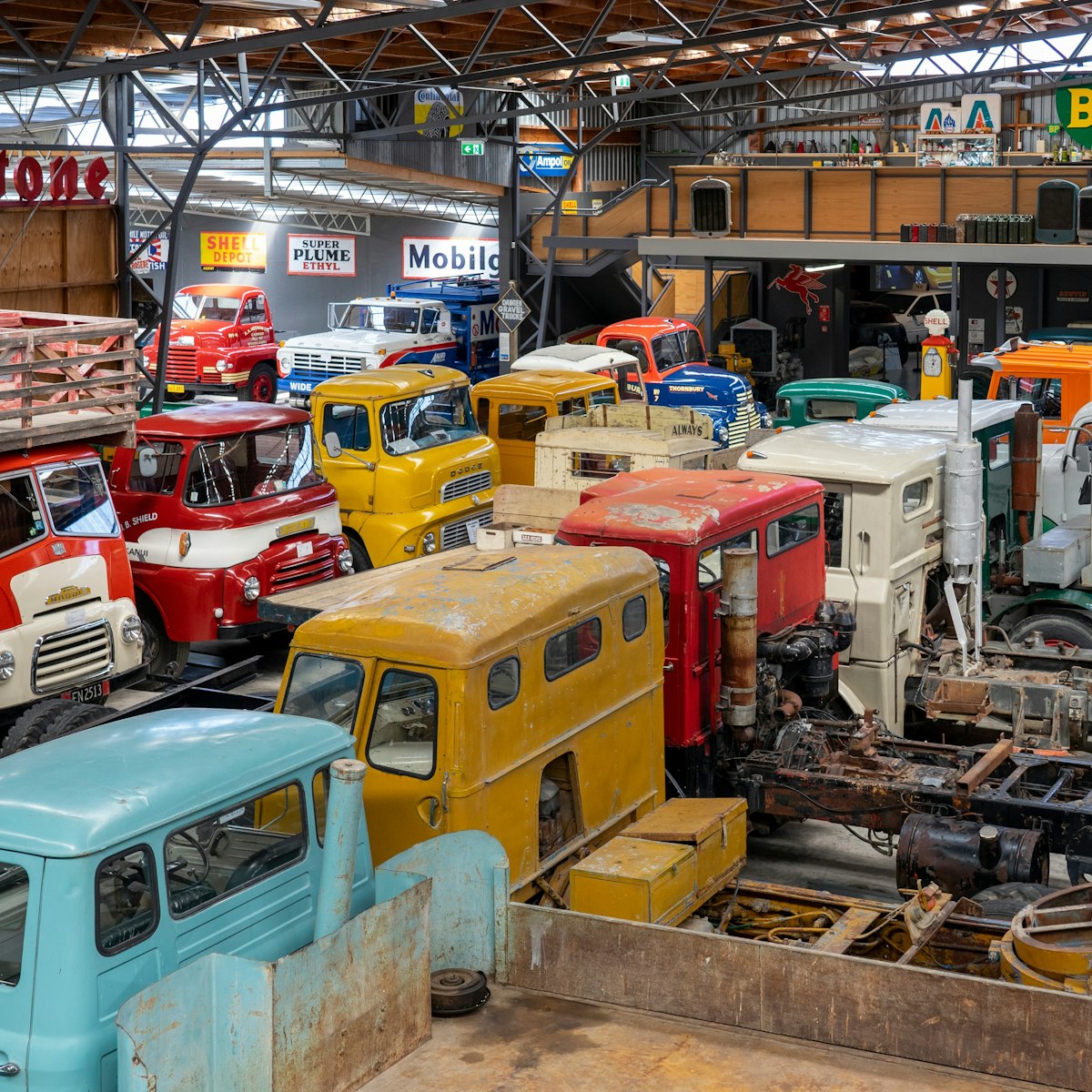 Colorful heavy vintage truck collection in the Bill Richardson Transport World Museum in Invercargill, South Island, New Zealand.
