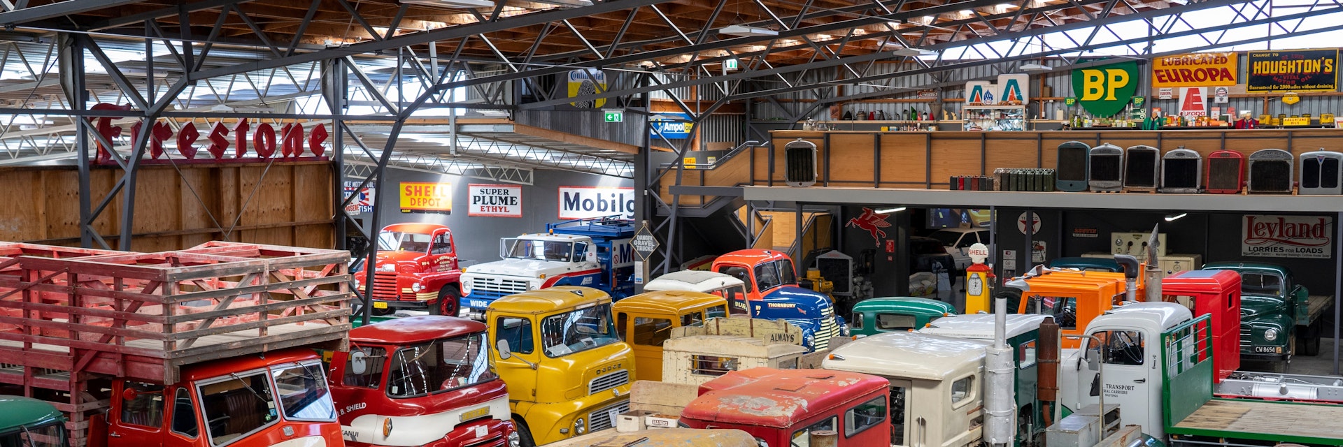 Colorful heavy vintage truck collection in the Bill Richardson Transport World Museum in Invercargill, South Island, New Zealand.
