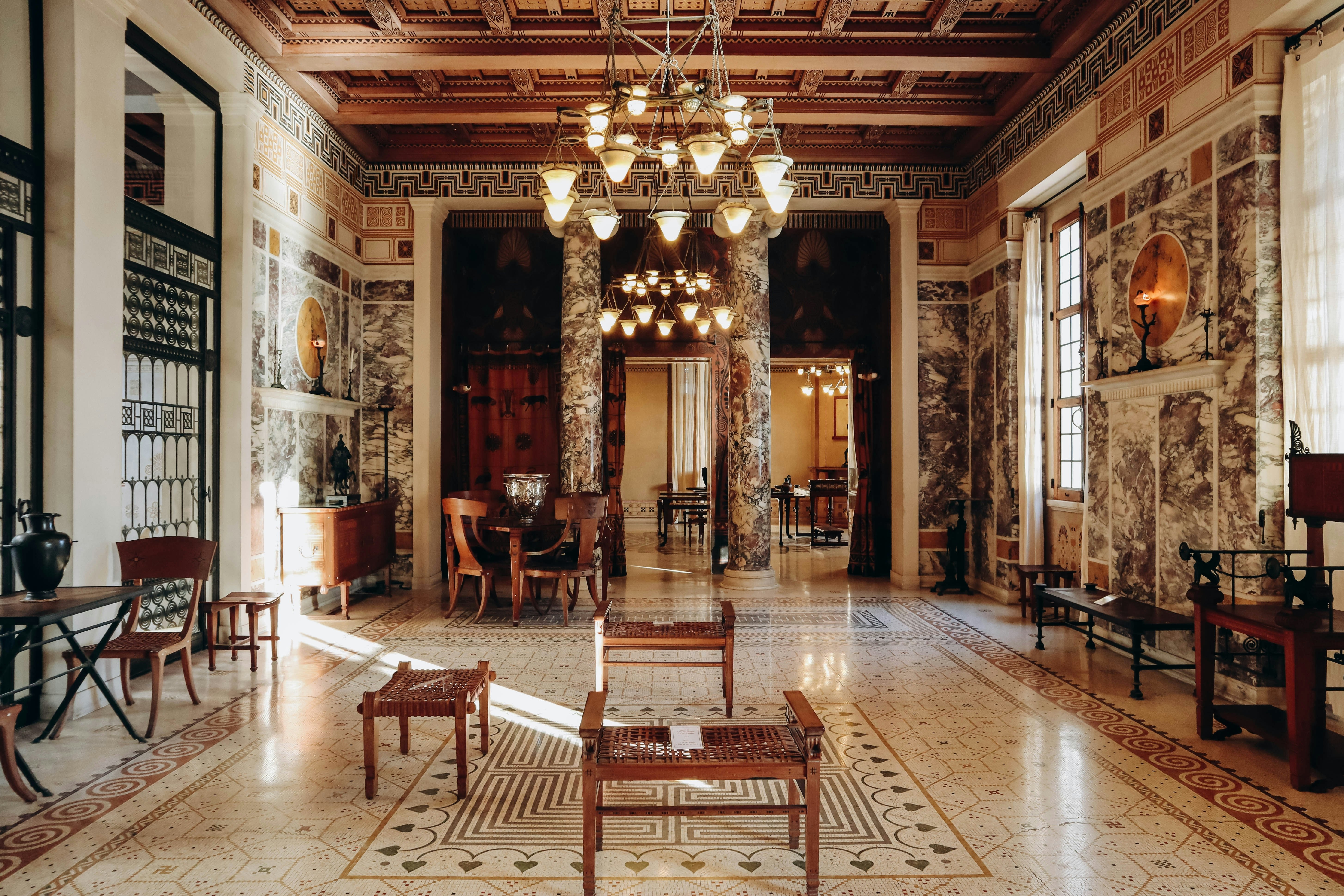 Luxurious interiors of the famous Greek-style villa Kerylos built at the beginning of the 20th century on the French Riviera.