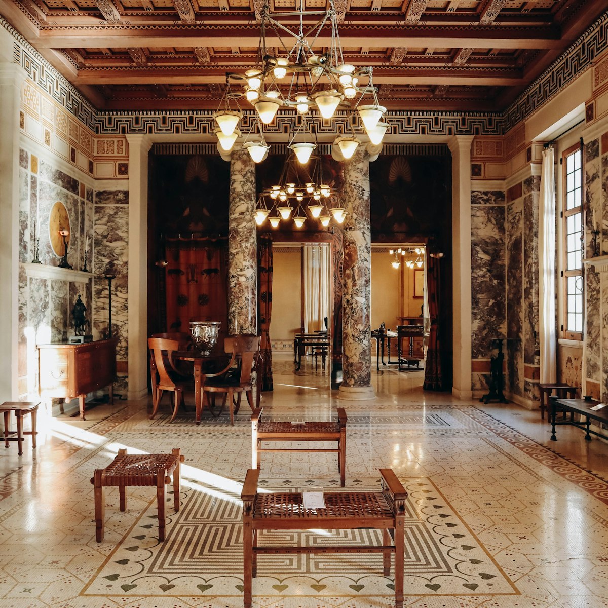 Luxurious interiors of the famous Greek-style villa Kerylos built at the beginning of the 20th century on the French Riviera.