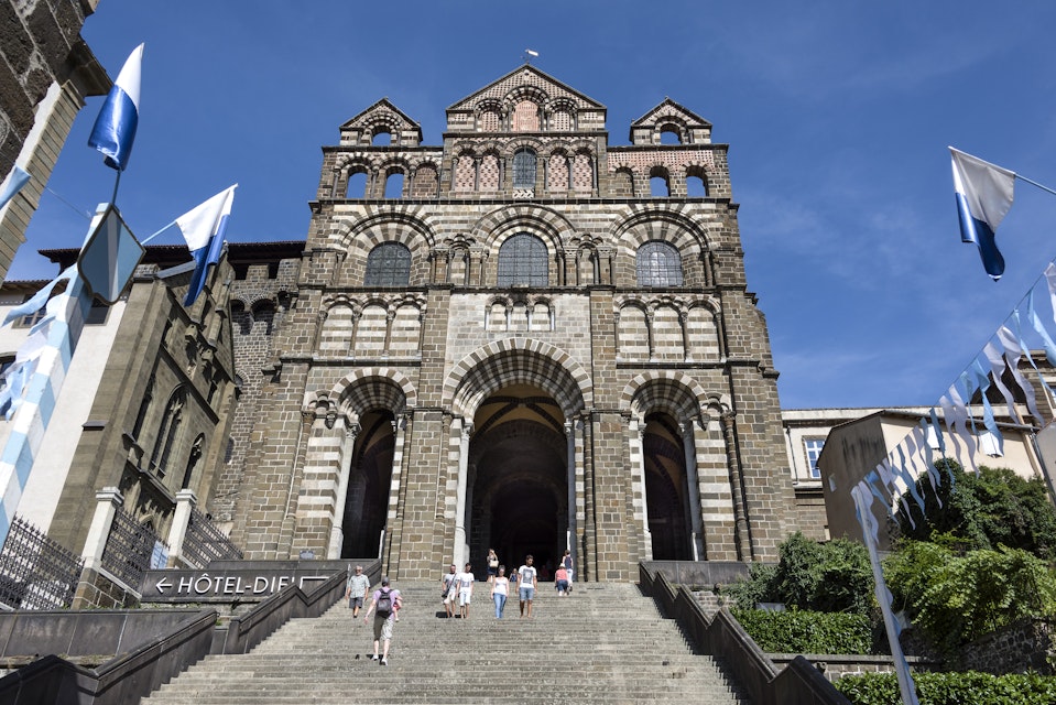 Main entrance facade of Cathedral of Notre-Dame du Puy, Le Puy-en-Velay, France.