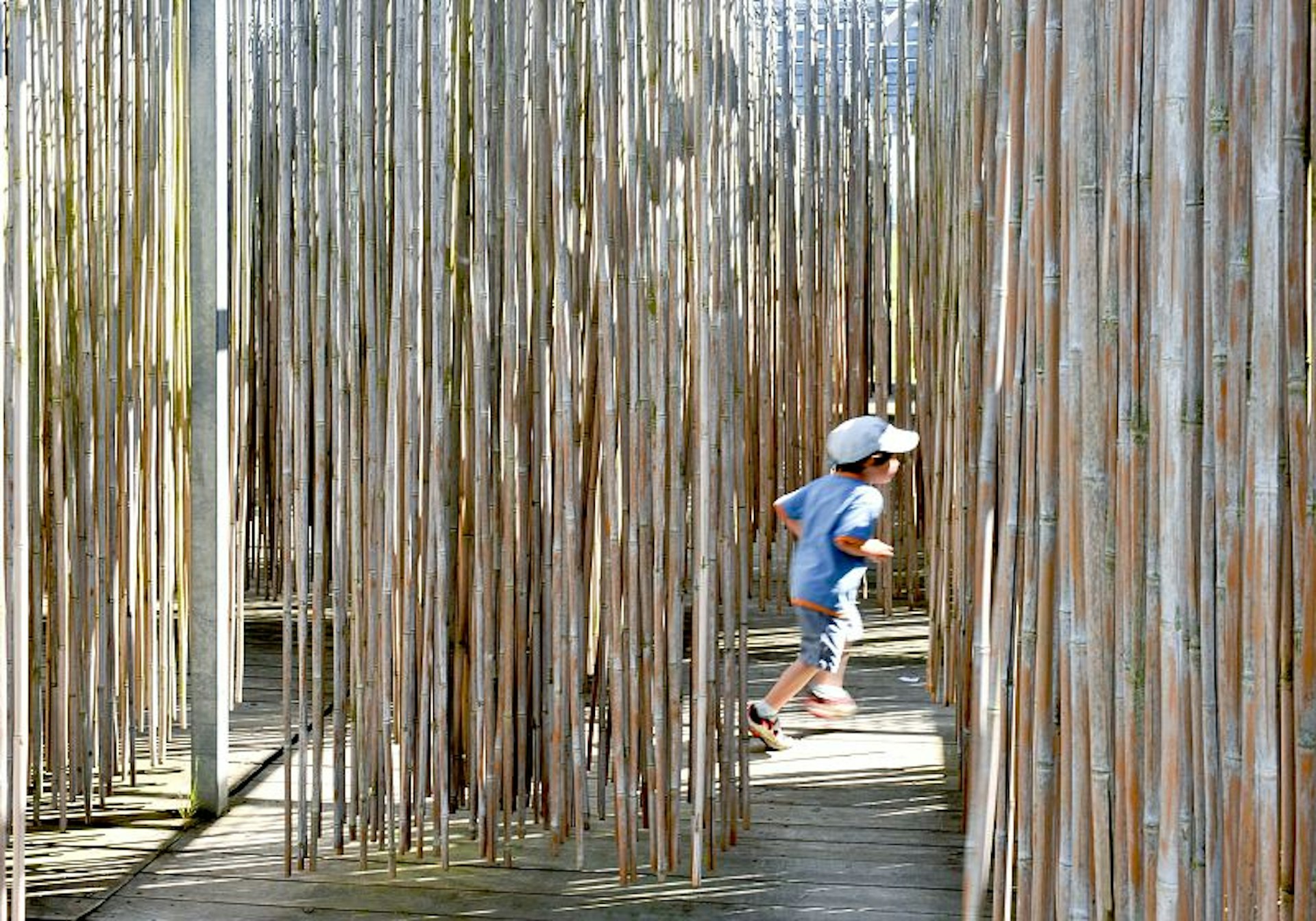 A small child running through a bamboo labyrinth at Diverti'Parc in France