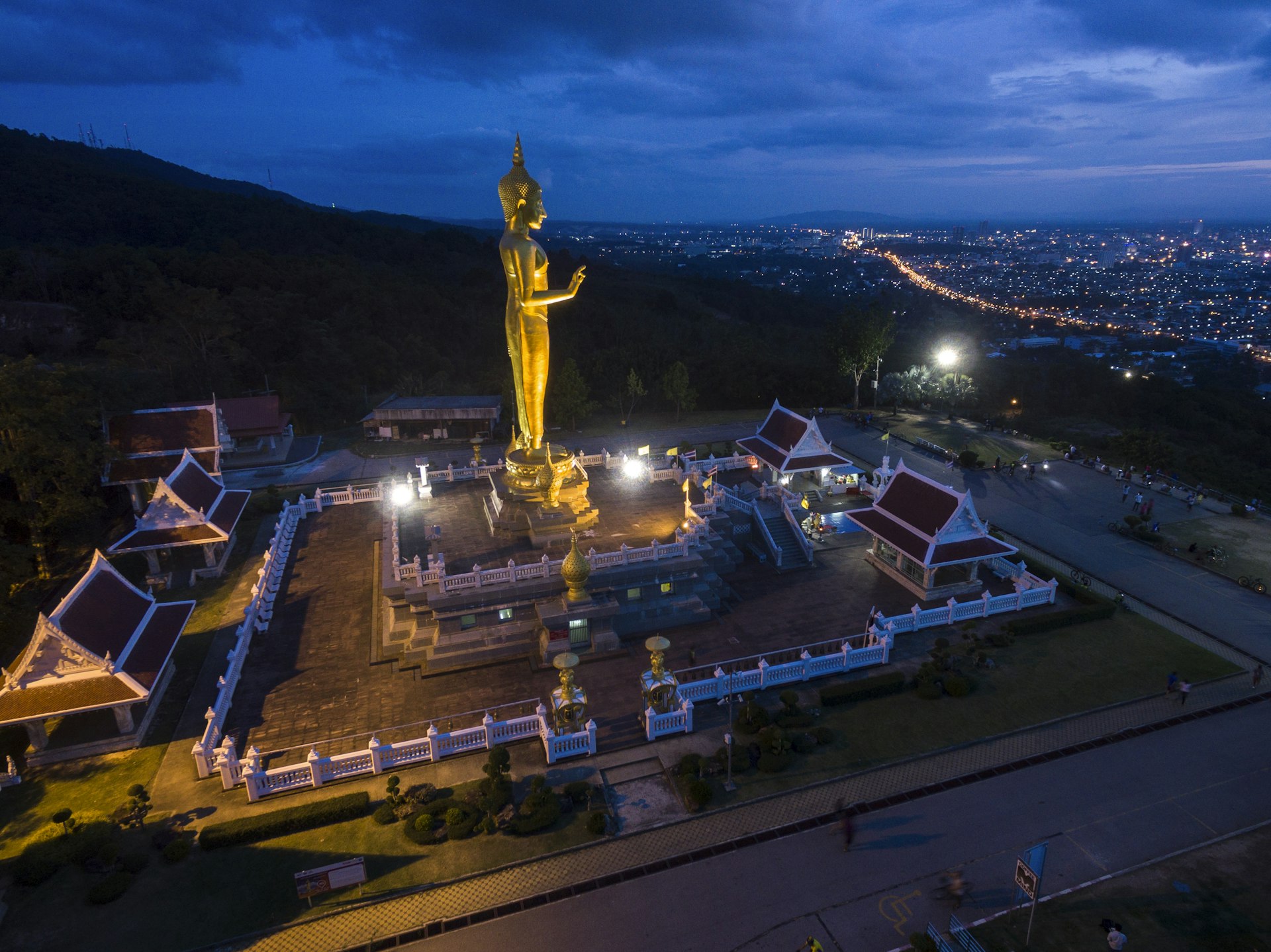 Aerial view by night of Buddha statue on a mountain in Hat Yai, Songkhla, Thailand