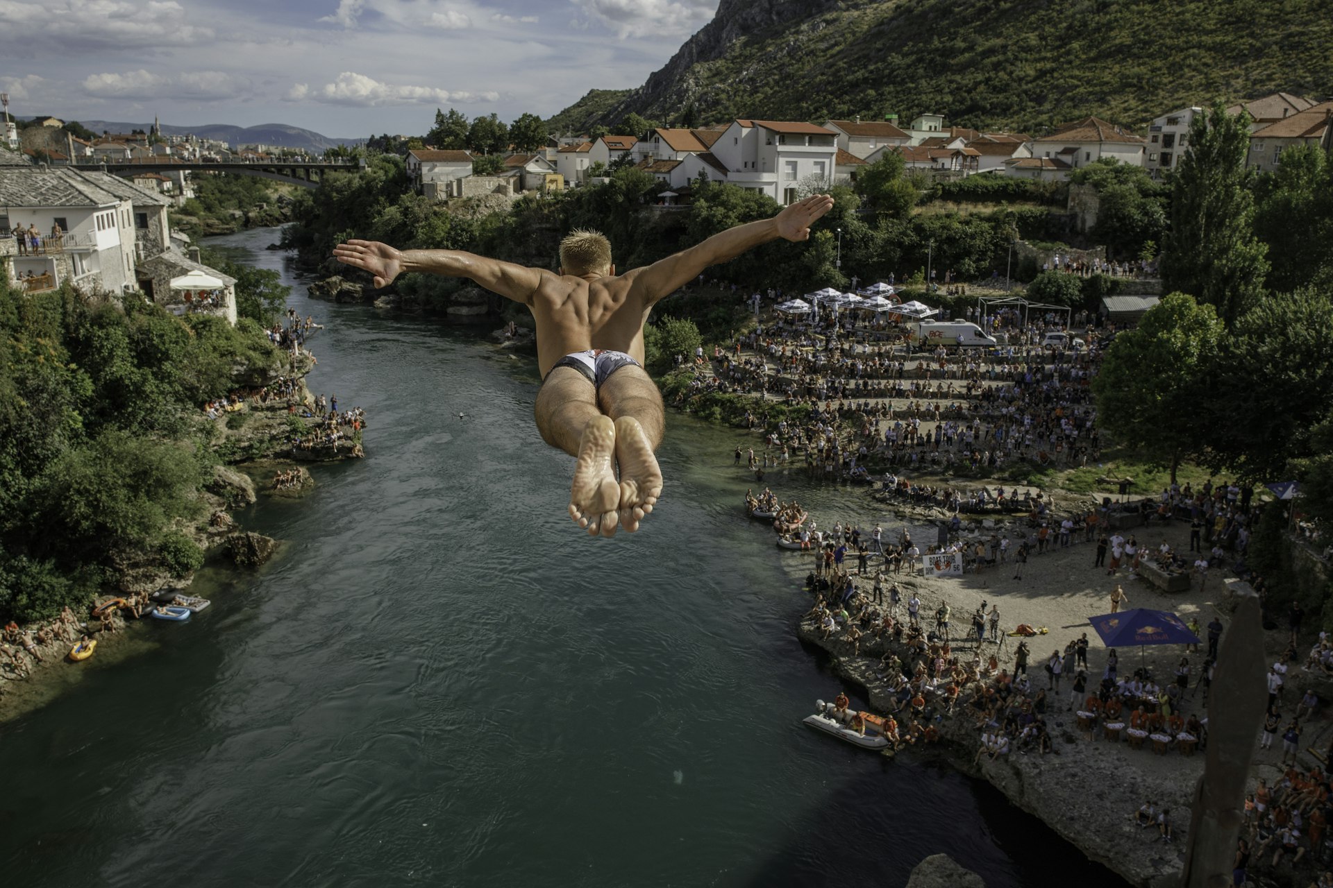 A diver jumps from the Stari Most bridge, Mostar, Bosnia & Hercegovina
