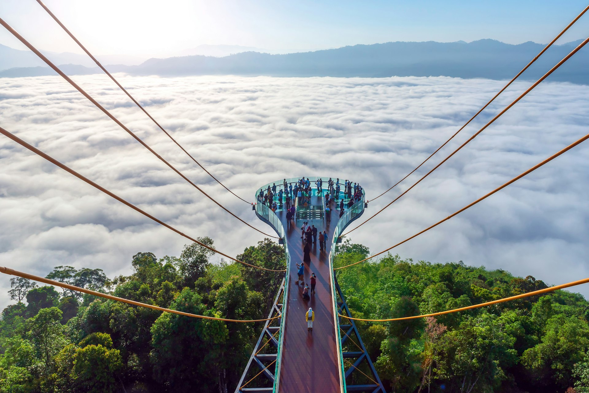 Crowds on Skywalk Ayerweng at dawn, Yala Province, Thailand