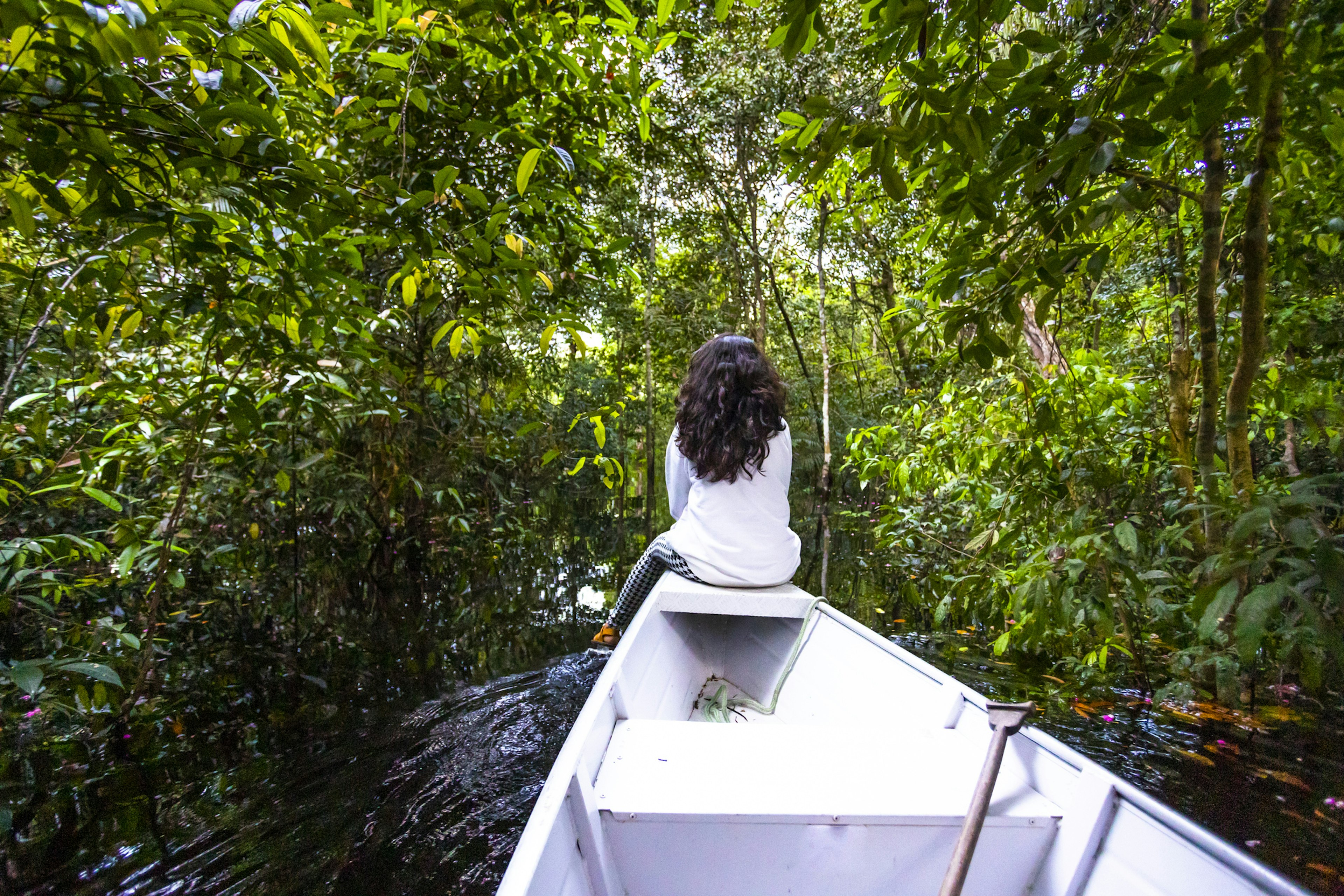 A small boat heads deep into the Amazon jungle with a woman at the bow.