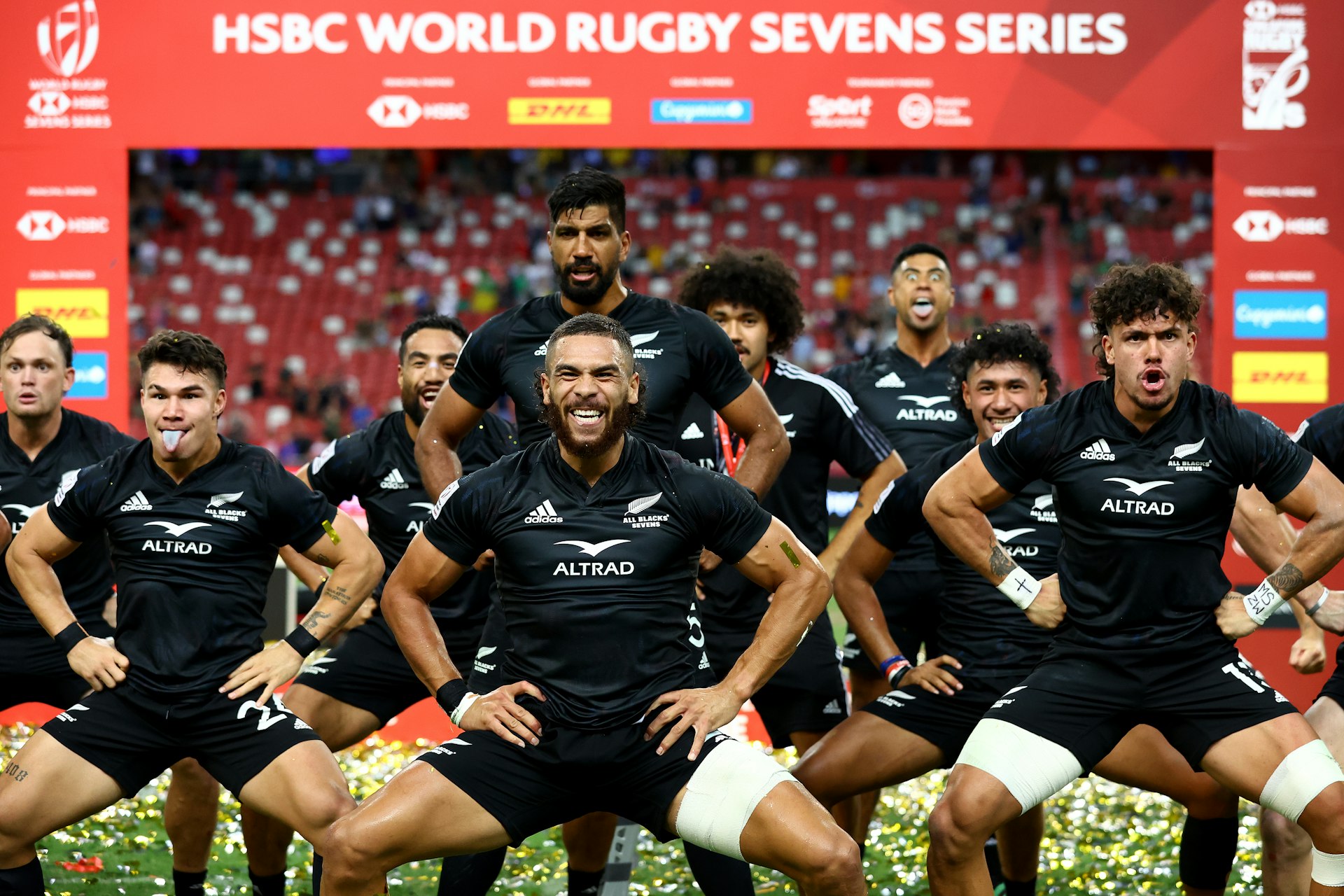 The New Zealand team celebrates with a haka after winning the cup final match against Argentina during the HSBC Singapore Rugby Sevens at the National Stadium on April 09, 2023 in Singapore.