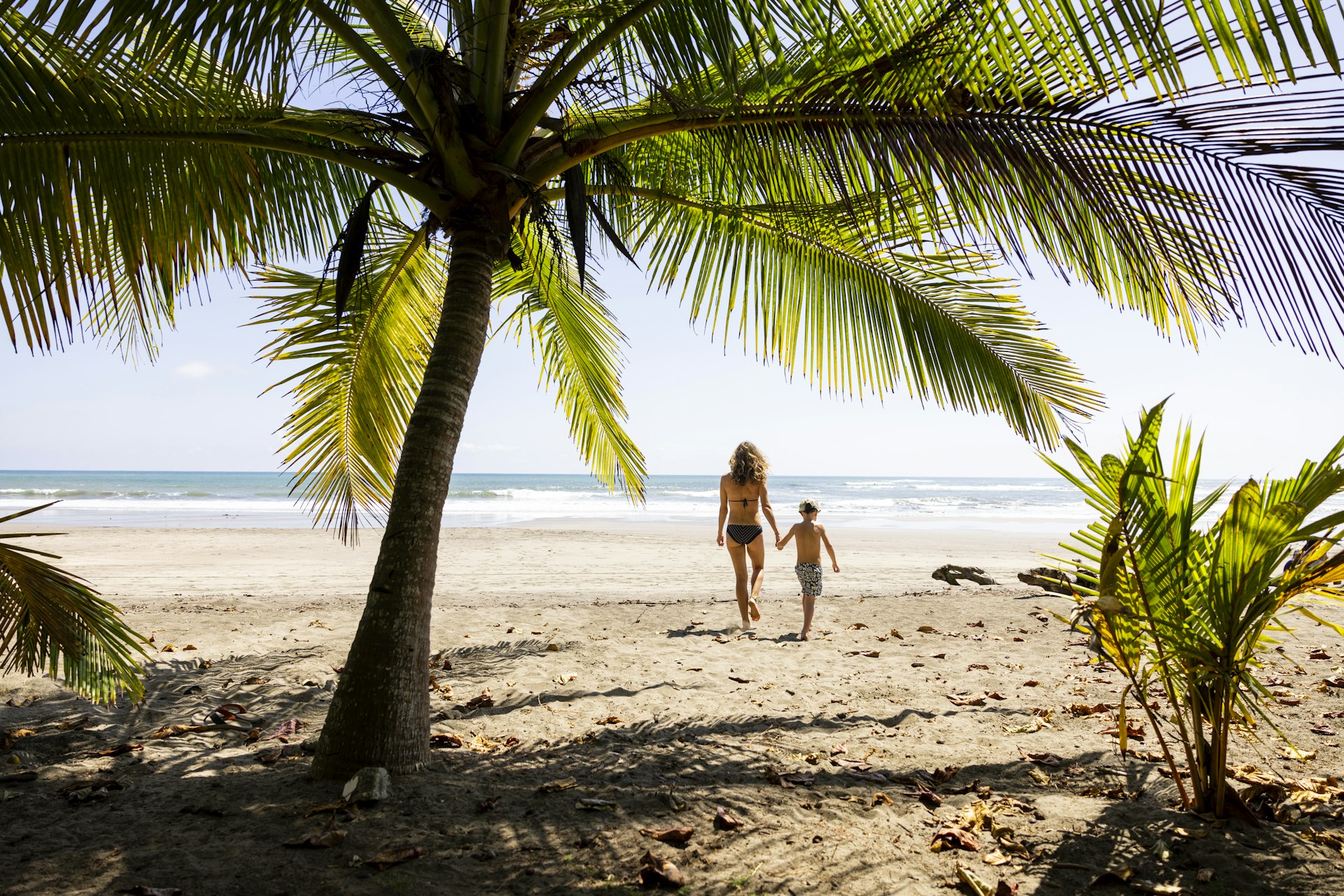 View from under palm tree of woman and child heading to the sea, Costa Rica