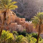 Traditional houses framed by palm trees in Oumesnat, Morocco