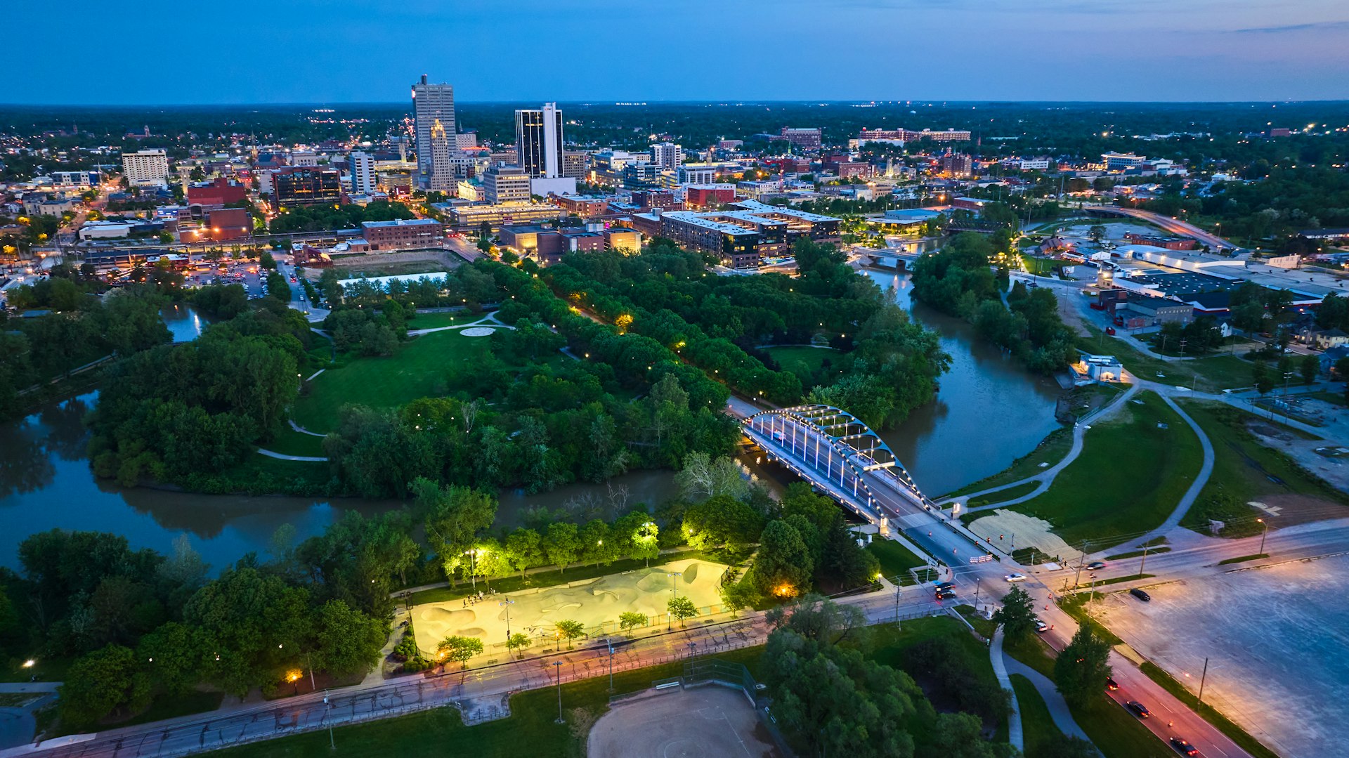 The dusk skyline of Fort Wayne, Indiana, USA