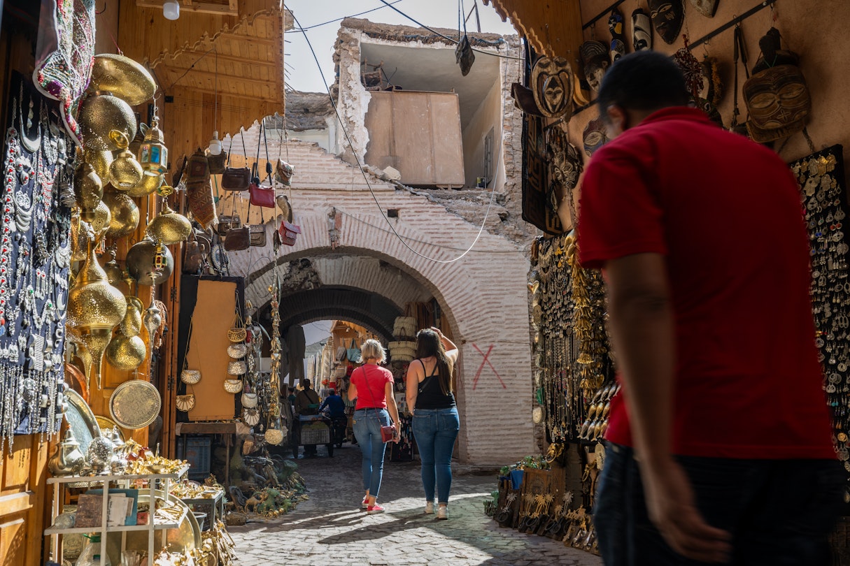 MARRAKECH, MOROCCO - SEPTEMBER 17: Tourists walk under a building marked with a red 'X,' symbolizing it is unsafe after the earthquake, at the souk on September 17, 2023 in Marrakech, Morocco. A huge earthquake measuring 6.8 on the Richter scale hit central Morocco on September 8, with more than 3000 people confirmed dead, many unaccounted for as rescue operations struggle to reach the most affected areas. Whilst the epicentre was in a sparsely populated area of the High Atlas Mountains, its effects have been felt 71km away in Marrakesh, a major tourist destination, where many buildings have collapsed and thousands of deaths have been reported. The souks, which draw thousands of tourists, are comprised of approximately 10 main sections that are still functioning places for craftspeople and trade workers. (Photo by Alexi Rosenfeld/Getty Images)
1686826000
bestof, topix