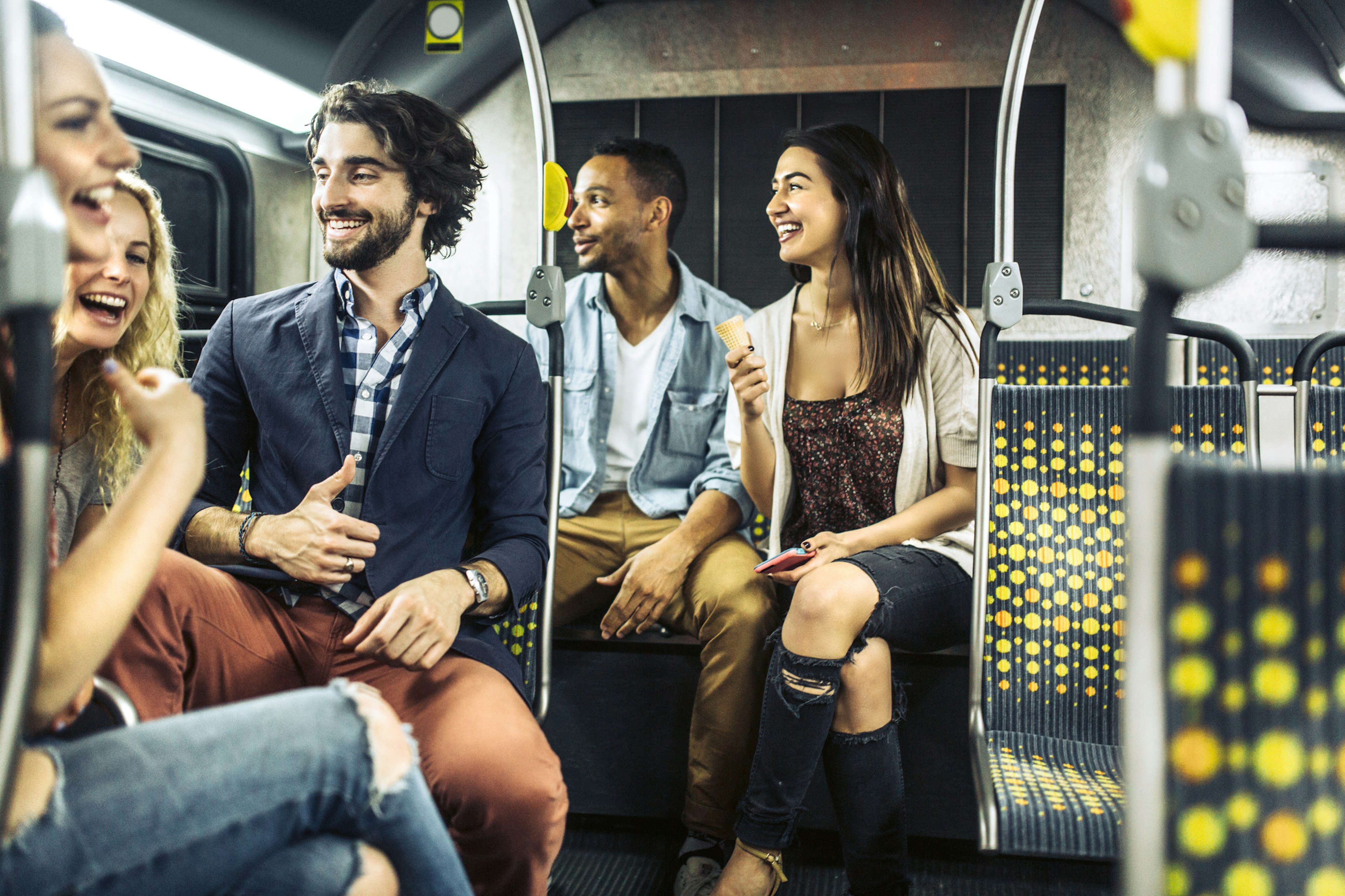 A group of friends on the bus in Downtown Los Angeles