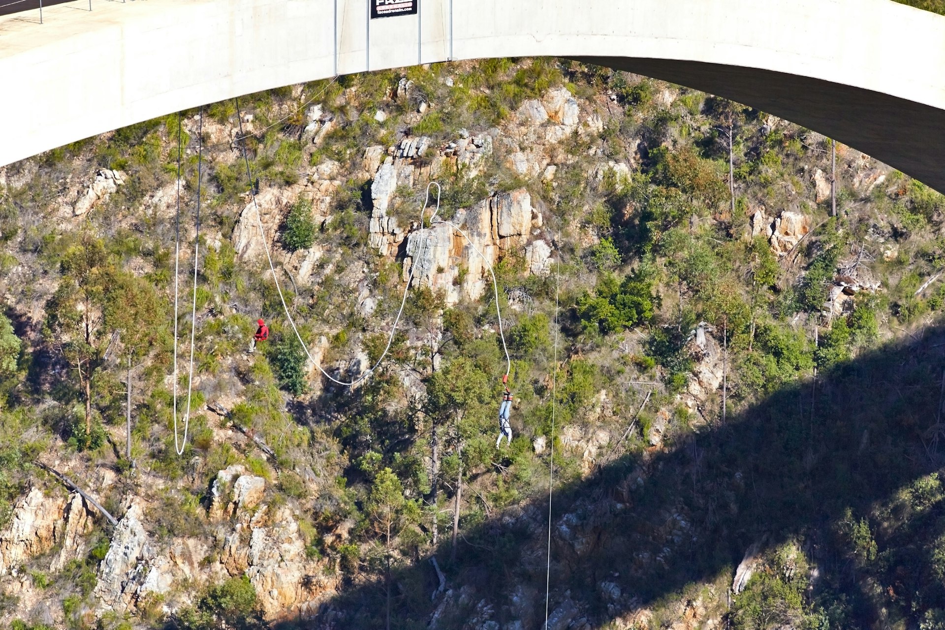 Adventurous people bungee jumping off the Bloukrans Bridge in South Africa