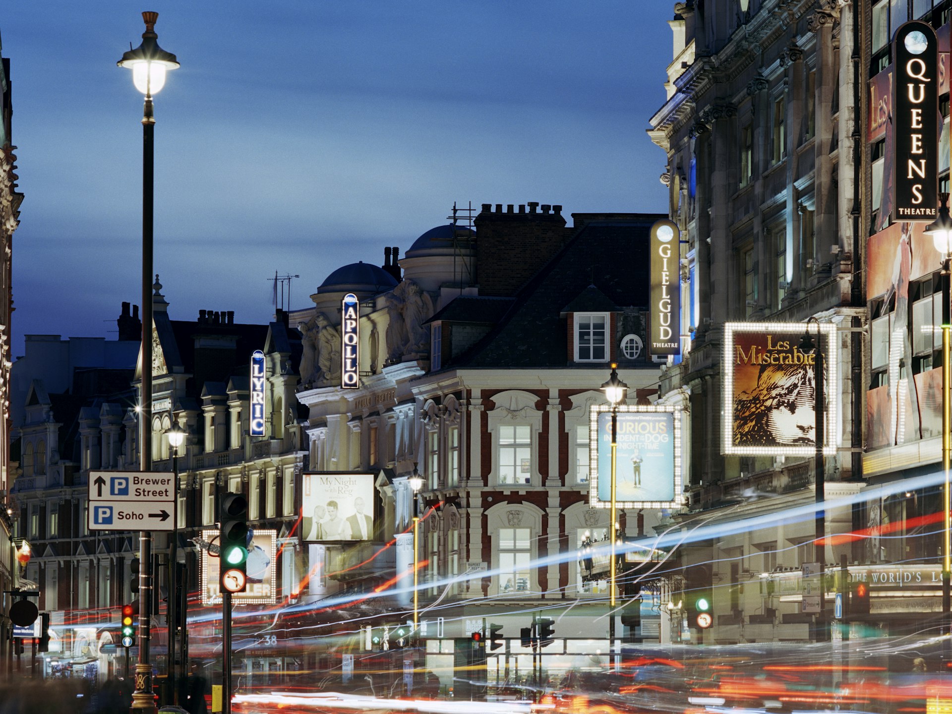 A view of the theatres in London's West End at night