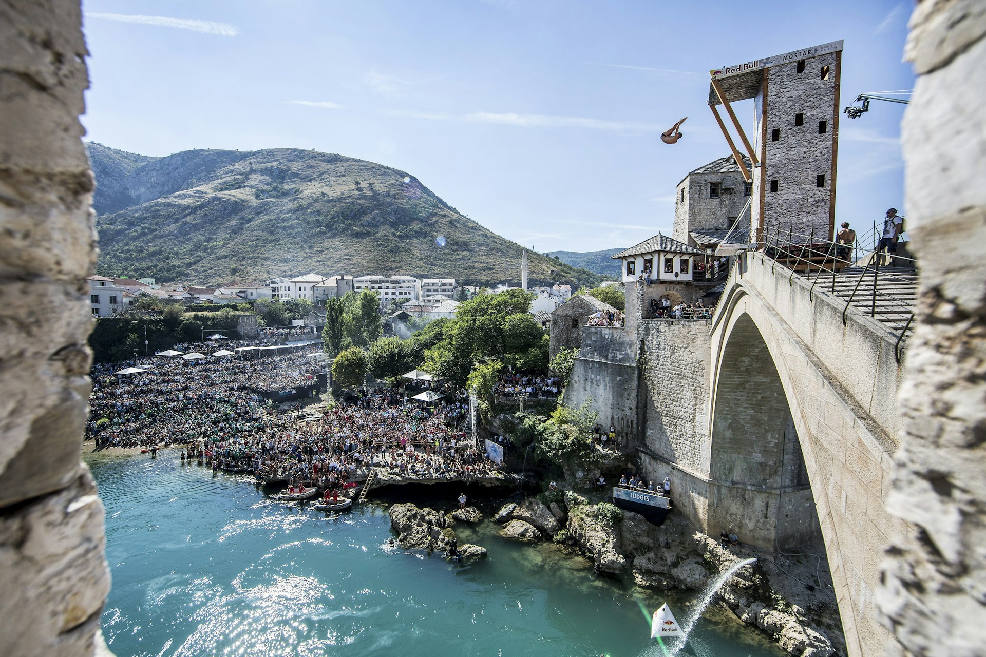 A diver during Red Bull Cliff Diving World Series, Mostar, Bosnia and Herzegovina