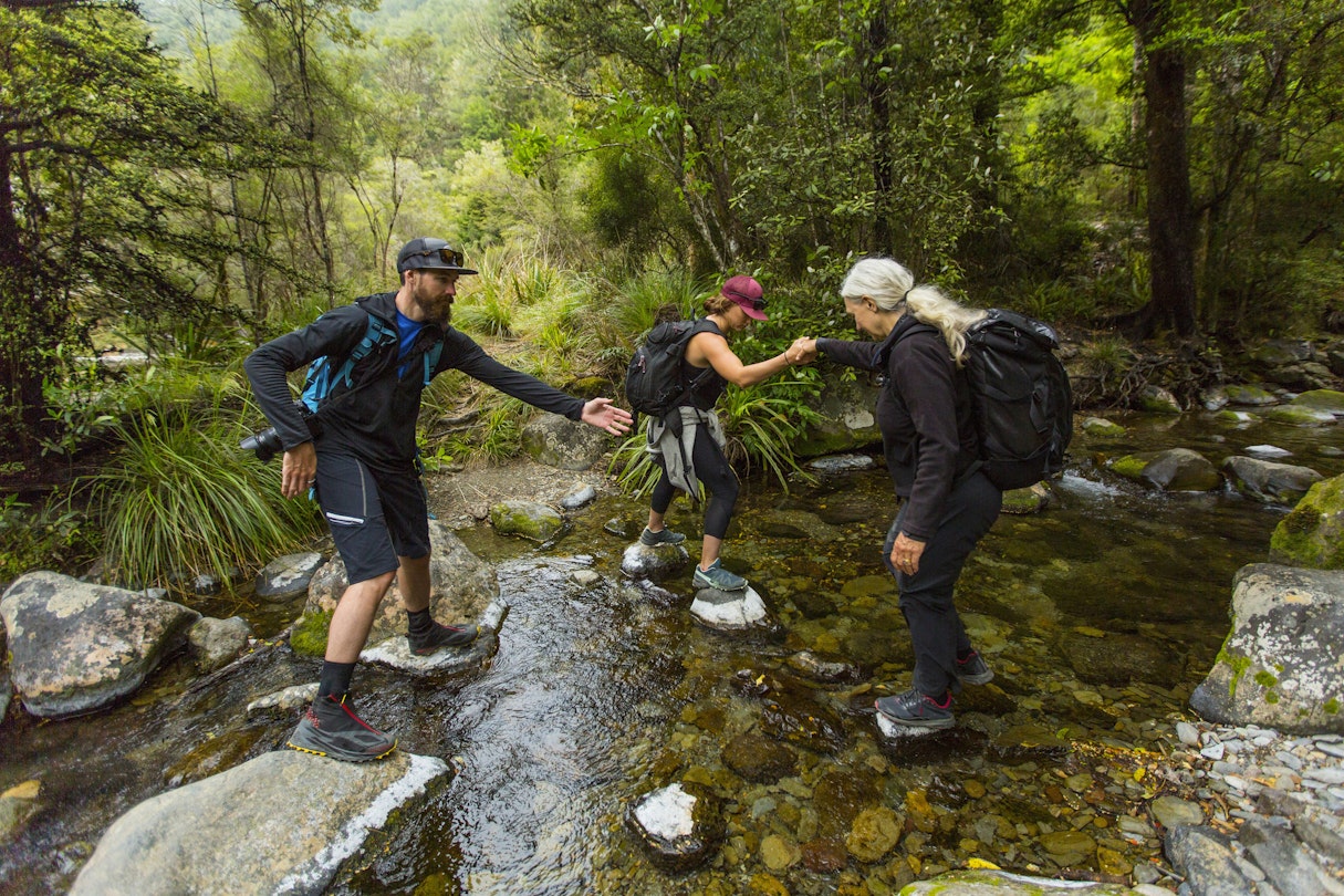 Three people helping each other cross a river in a forest in New Zealand