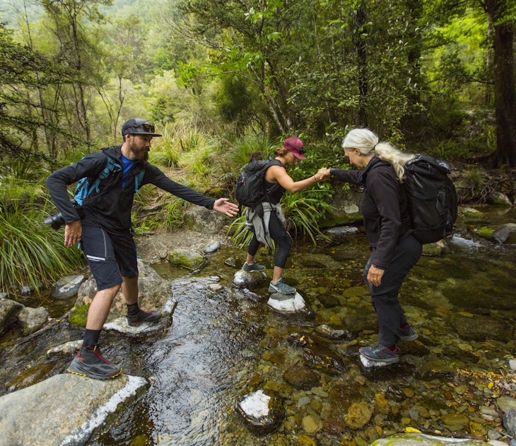 Three people helping each other cross a river in a forest in New Zealand