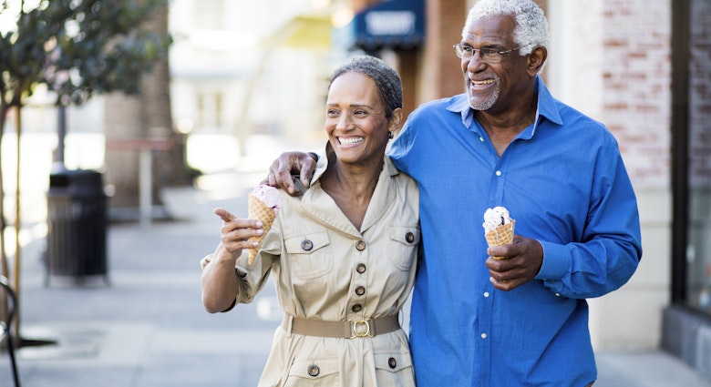A senior african american couple enjoy an evening on the town with ice cream
898247966
A smiling couple walking along the street while eating ice cream in California