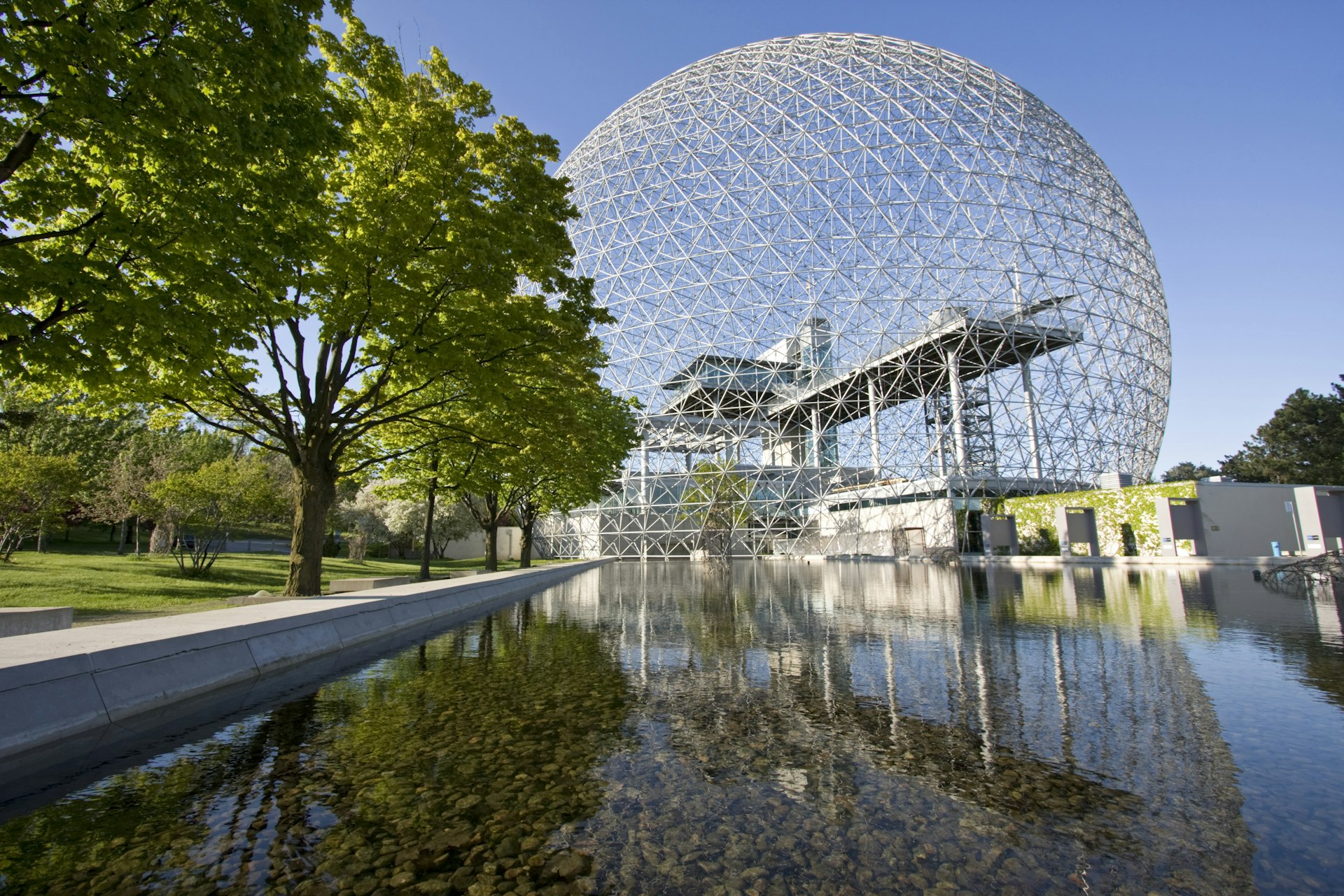 The exterior of the Biosphere Environmental Museum, Montreal which looks like a giant golf ball