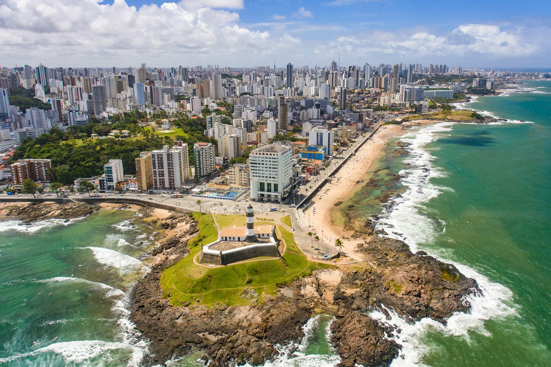 Aerial view of the Barra lighthouse in Salvador, Brazil