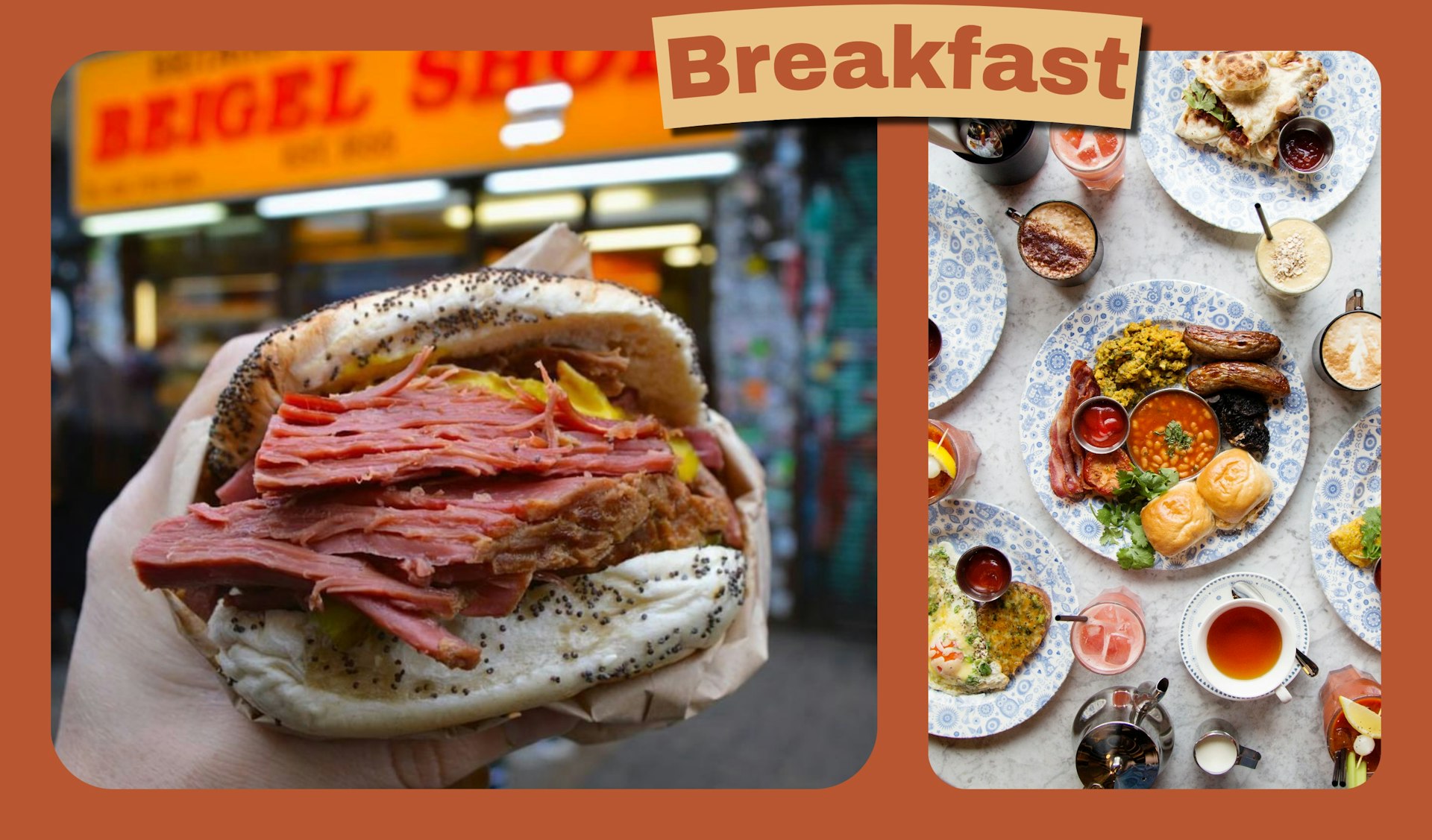A collage of images: the first shows a salt beef bagel from London's Beigel Shop and the second shows breakfast at Dishoom