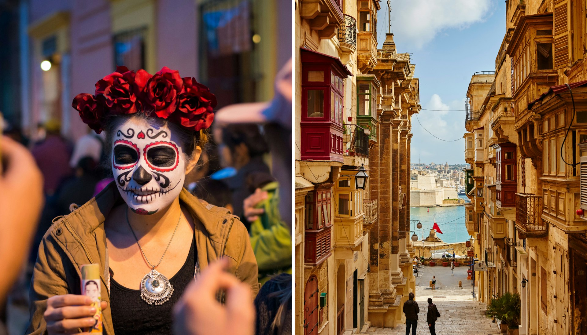 A woman with a face painted for Day of the Dead in Oaxaca; explore the streets of Valleta.