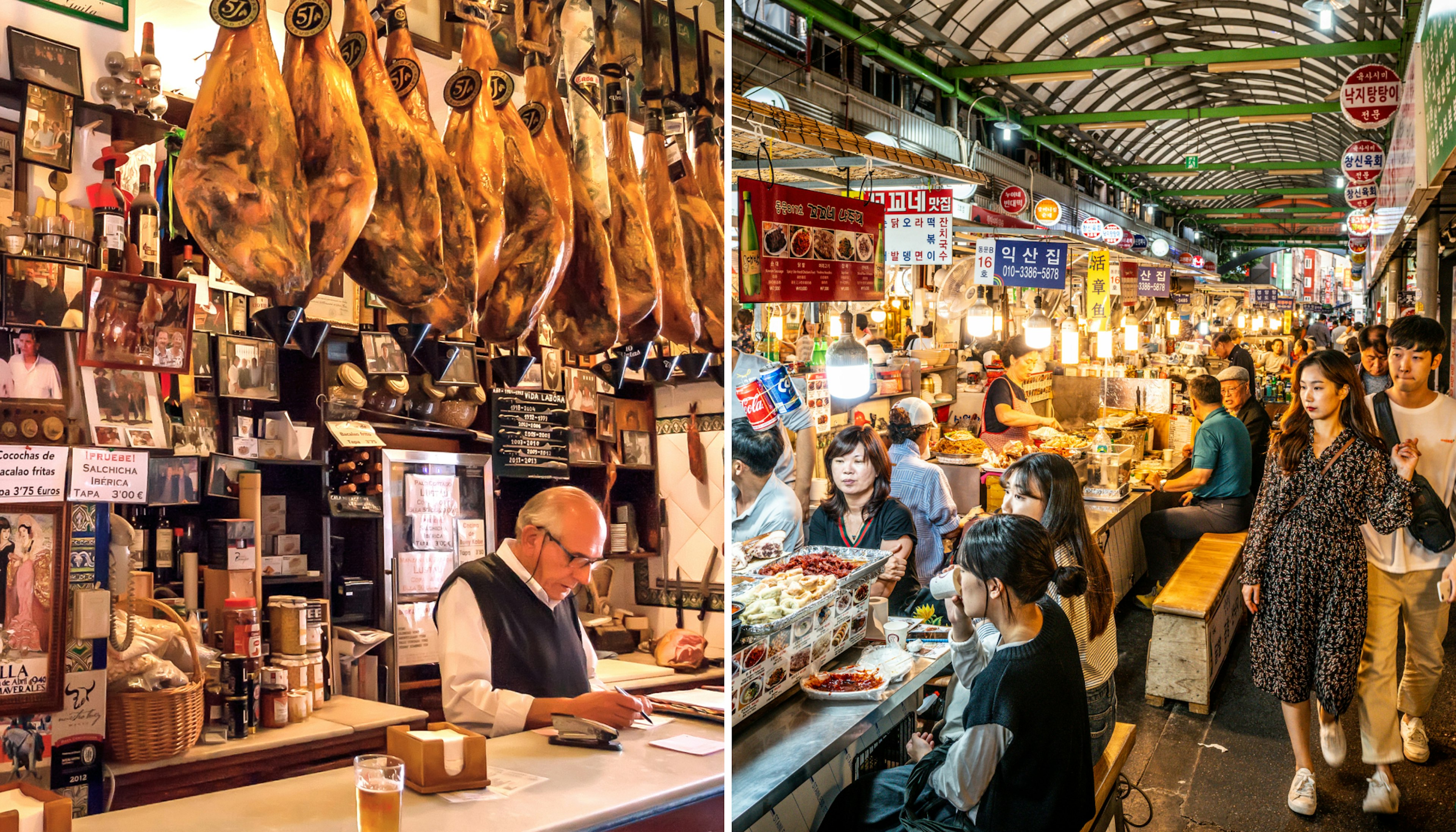 A man stands at a counter in a tapas bar with iberico ham over him; a young couple walks through a food market in Seoul.