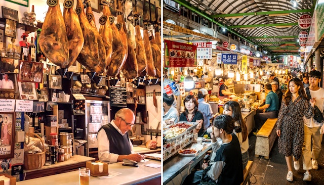 A man stands at a counter in a tapas bar with iberico ham over him; a young couple walks through a food market in Seoul.
