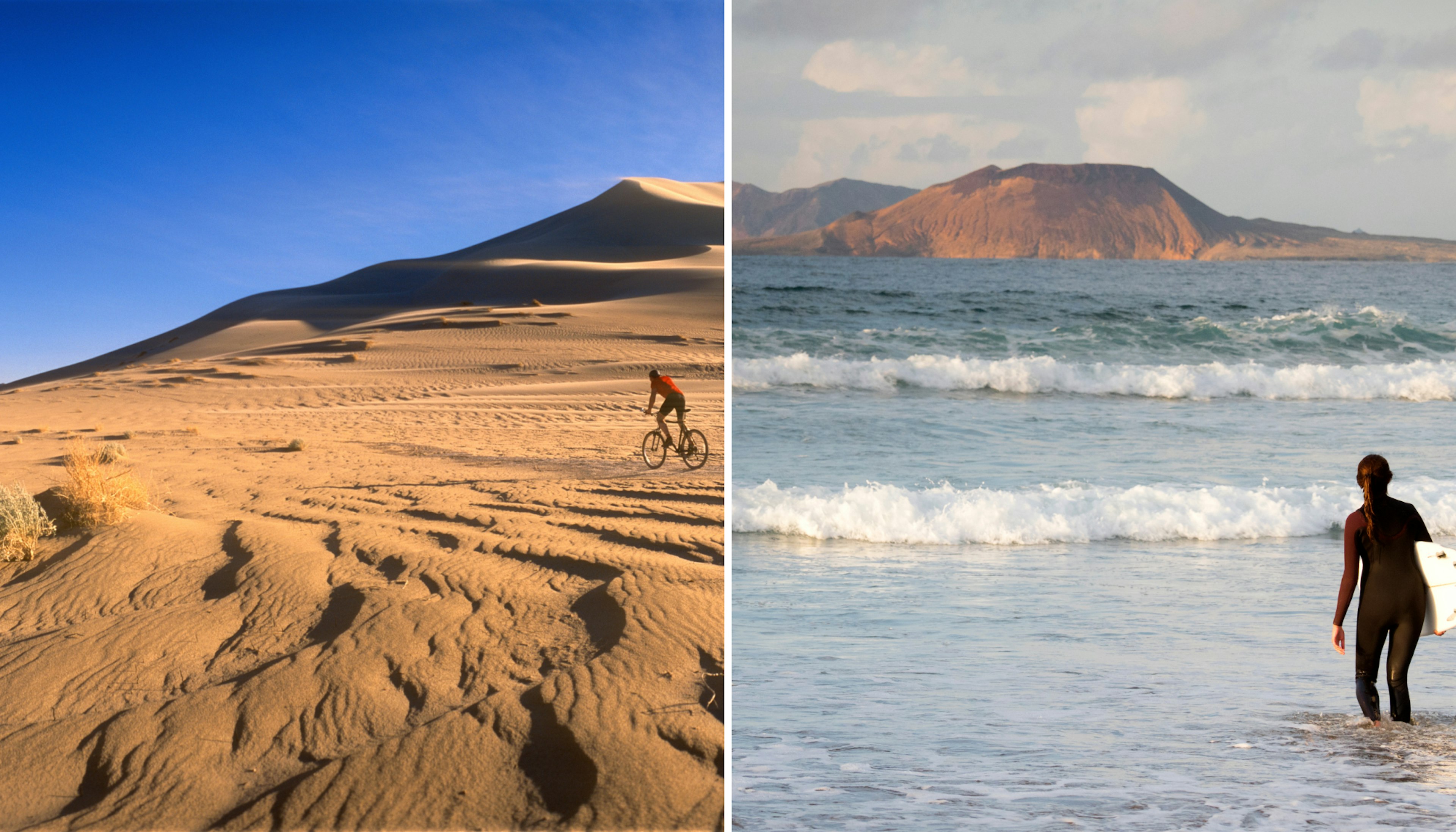 A man cycles through the desert; a woman holding a surfboard walks into the sea.