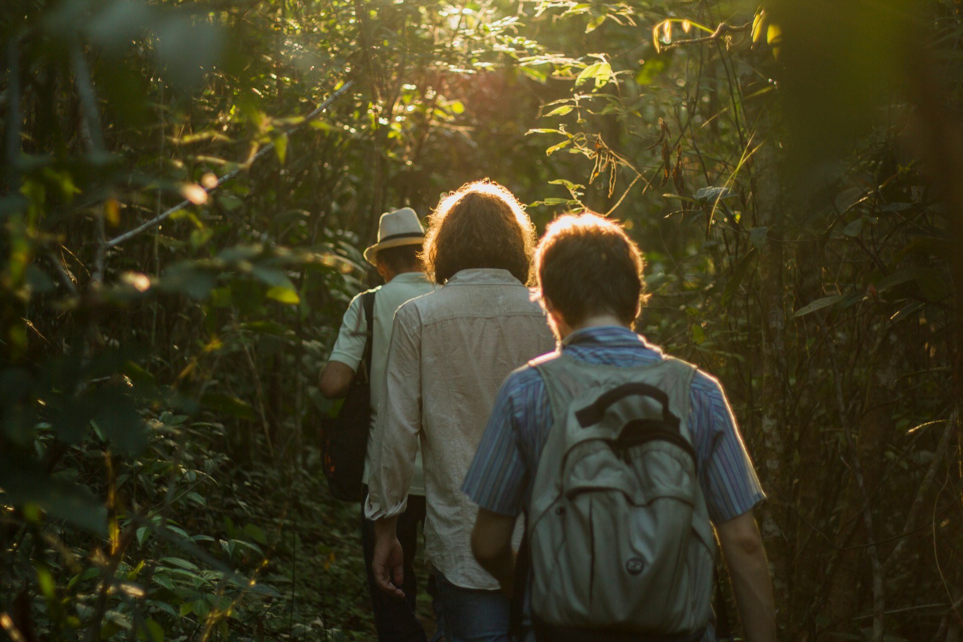 Anthropologists walk on a trail in a Dessana Indigenous community on a river island near Manaus, Brazil