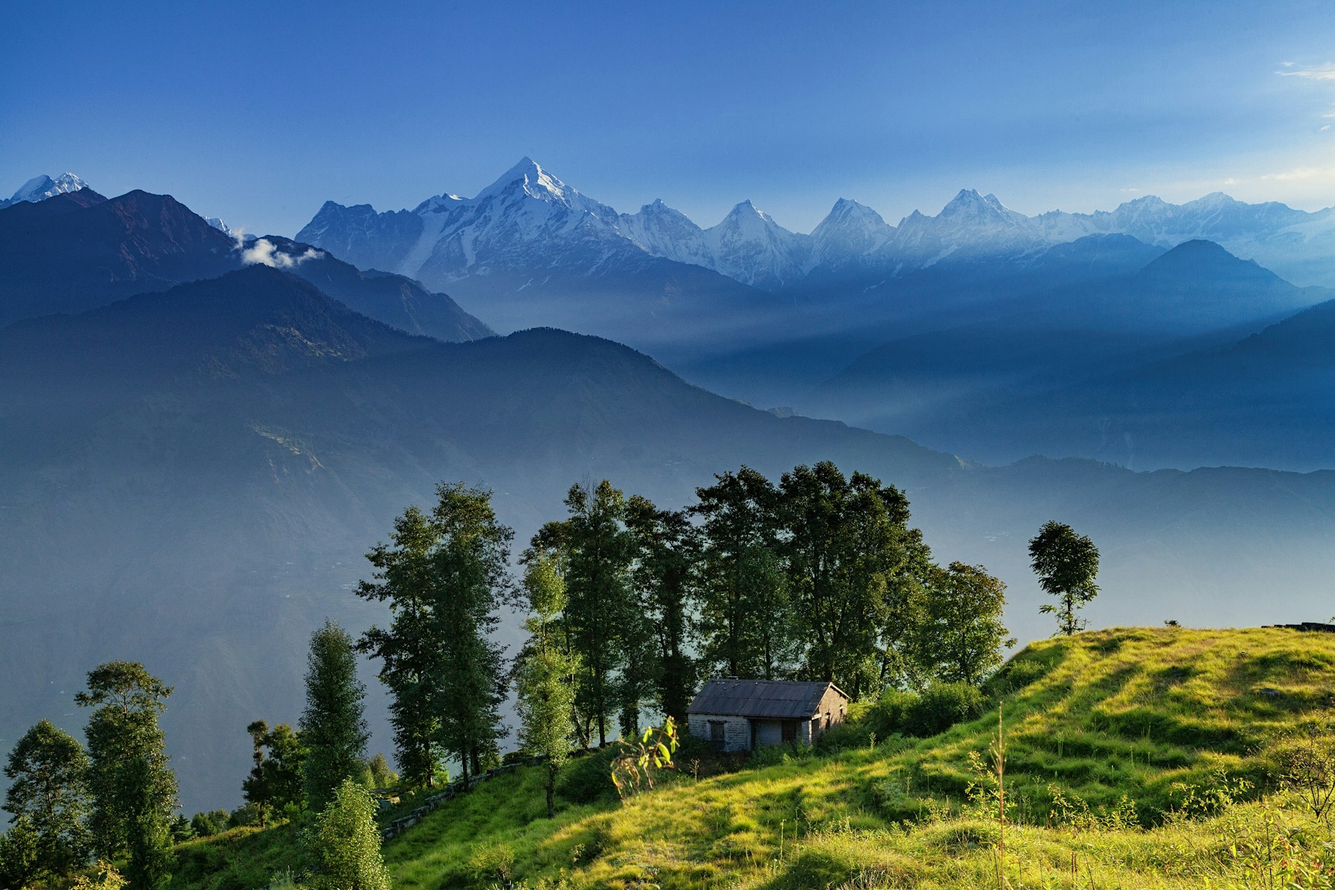 View of beautiful Panchchuli Peaks of the Great Himalayas as seen from Munsiyari