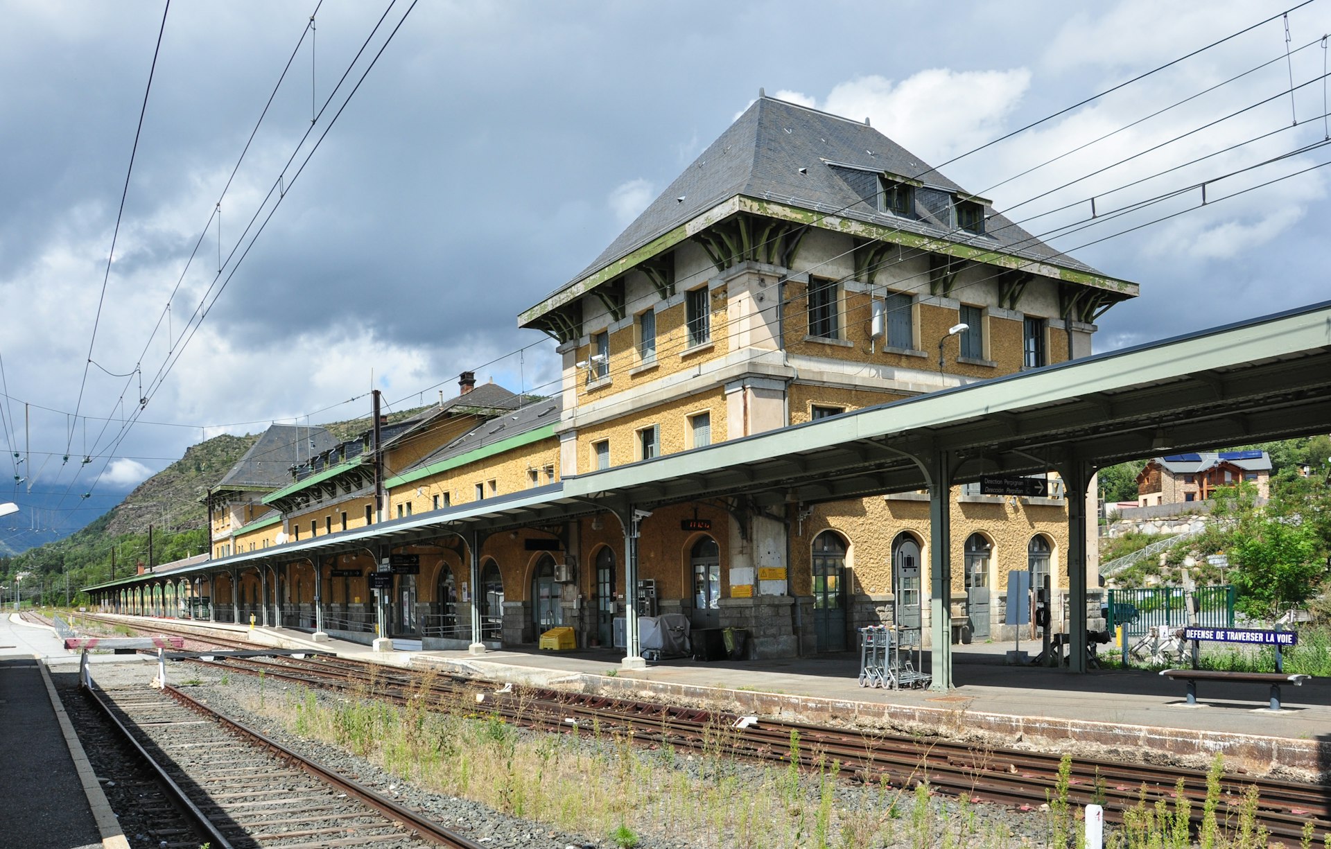 Railway station platforms and track at Latour-de-Carol, Pyrenées-Orientales, Occitanie, France
