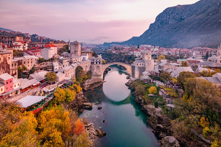 View of the historic Old Bridge in Mostar. Bosnia and Herzegovina; Shutterstock ID 1959237862; full: 65050; gl: Lonely Planet Online Editorial; netsuite: Stari Most diving; your: Brian Healy
1959237862