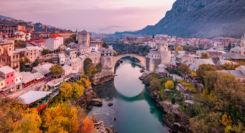 View of the historic Old Bridge in Mostar. Bosnia and Herzegovina; Shutterstock ID 1959237862; full: 65050; gl: Lonely Planet Online Editorial; netsuite: Stari Most diving; your: Brian Healy
1959237862