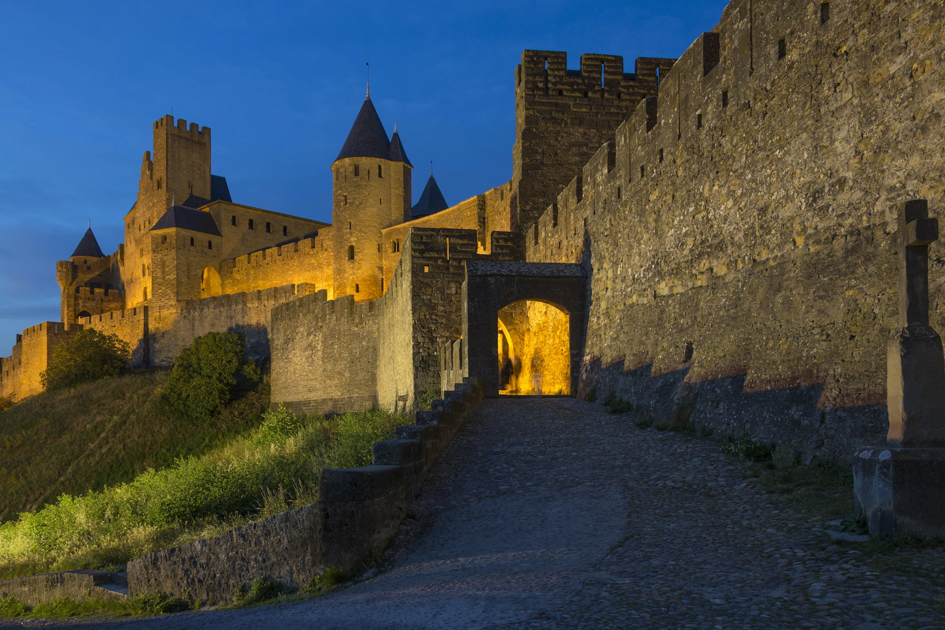 The medieval fortress and walled city of Carcassone in southwest France. Founded by the Visigoths in the 5th century, it was restored in 1853 and is now a UNESCO World Heritage Site.