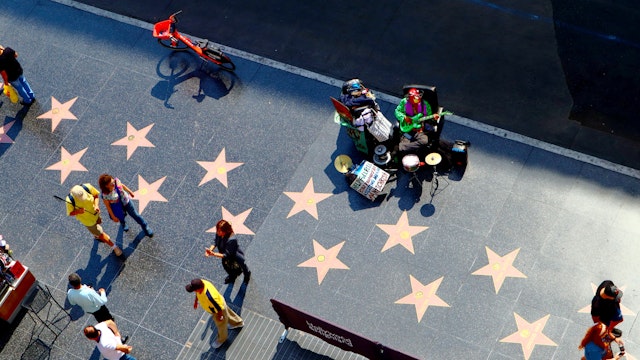 High-angle view of the Hollywood Blvd Walk of Fame, Los Angeles, California, USA