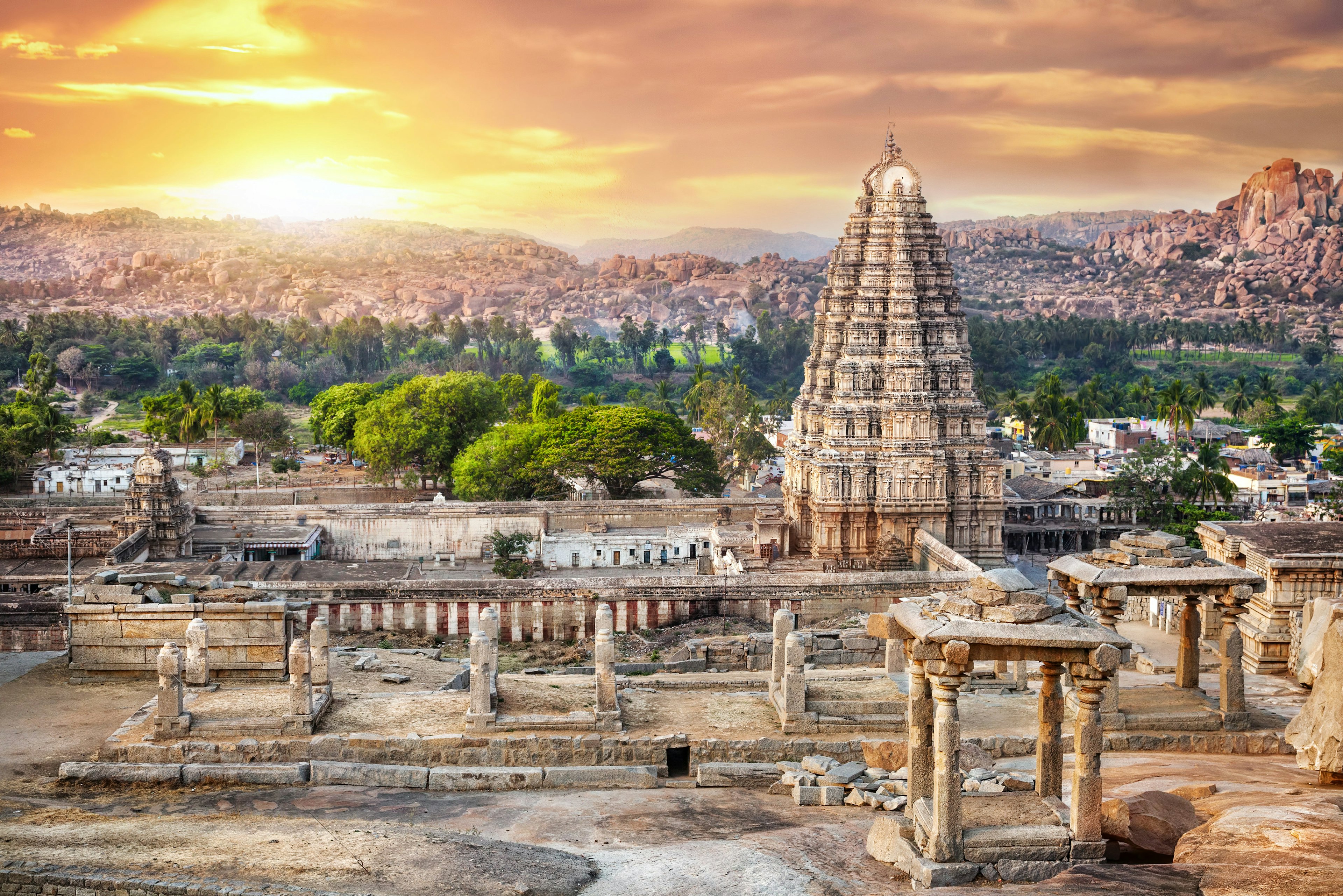 Virupaksha temple view from Hemakuta hill at sunset in Hampi, Karnataka