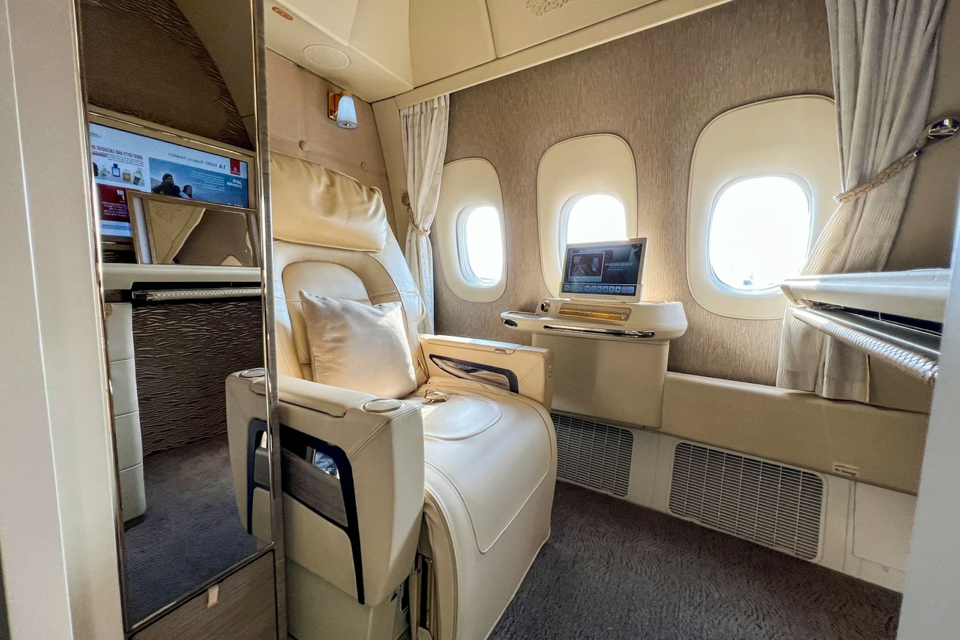 The luxurious first-class cabin onboard the Emirates 777