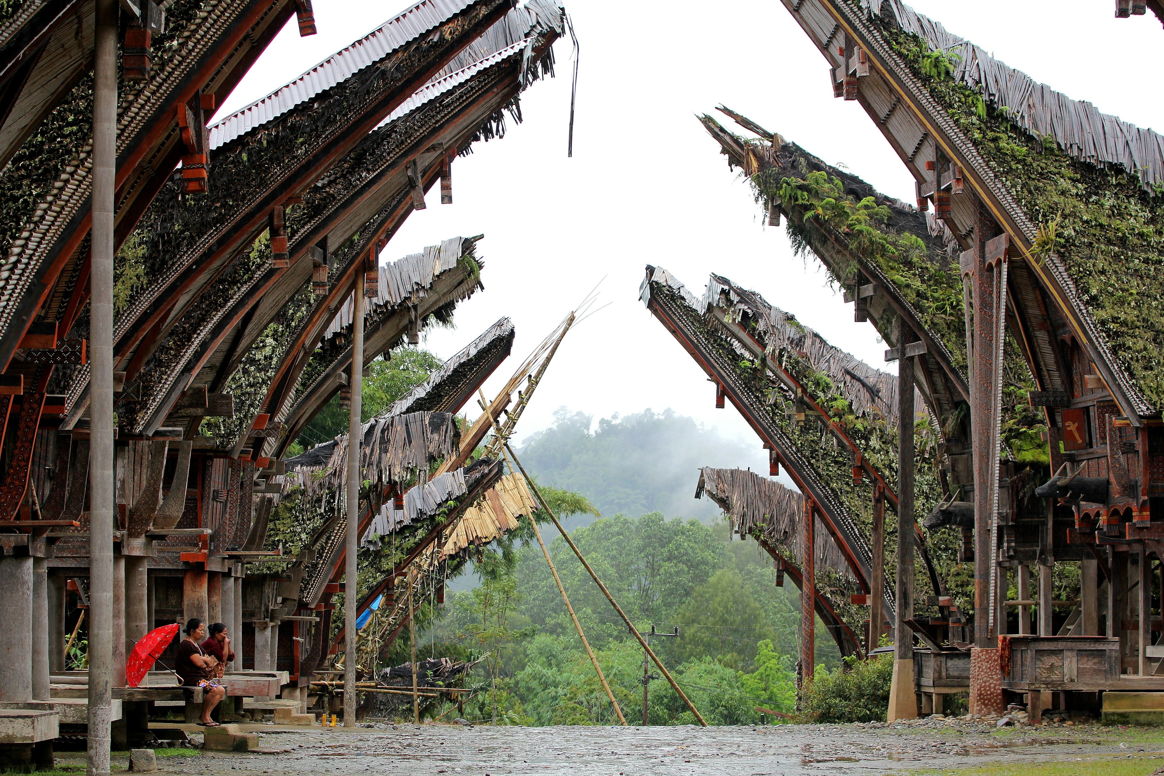 Two women sit on the front steps of a row of Tana Toraja houses in Sulawesi, Indonesia