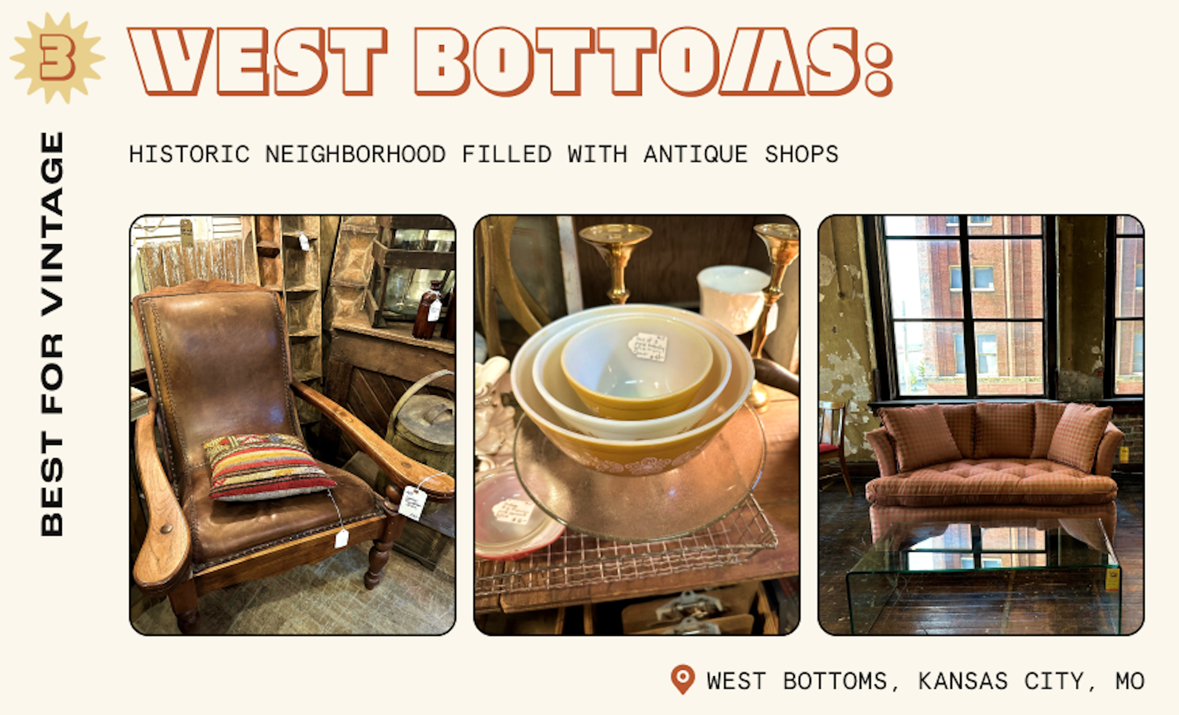 Antique furniture for sale in a Kansas City warehouse