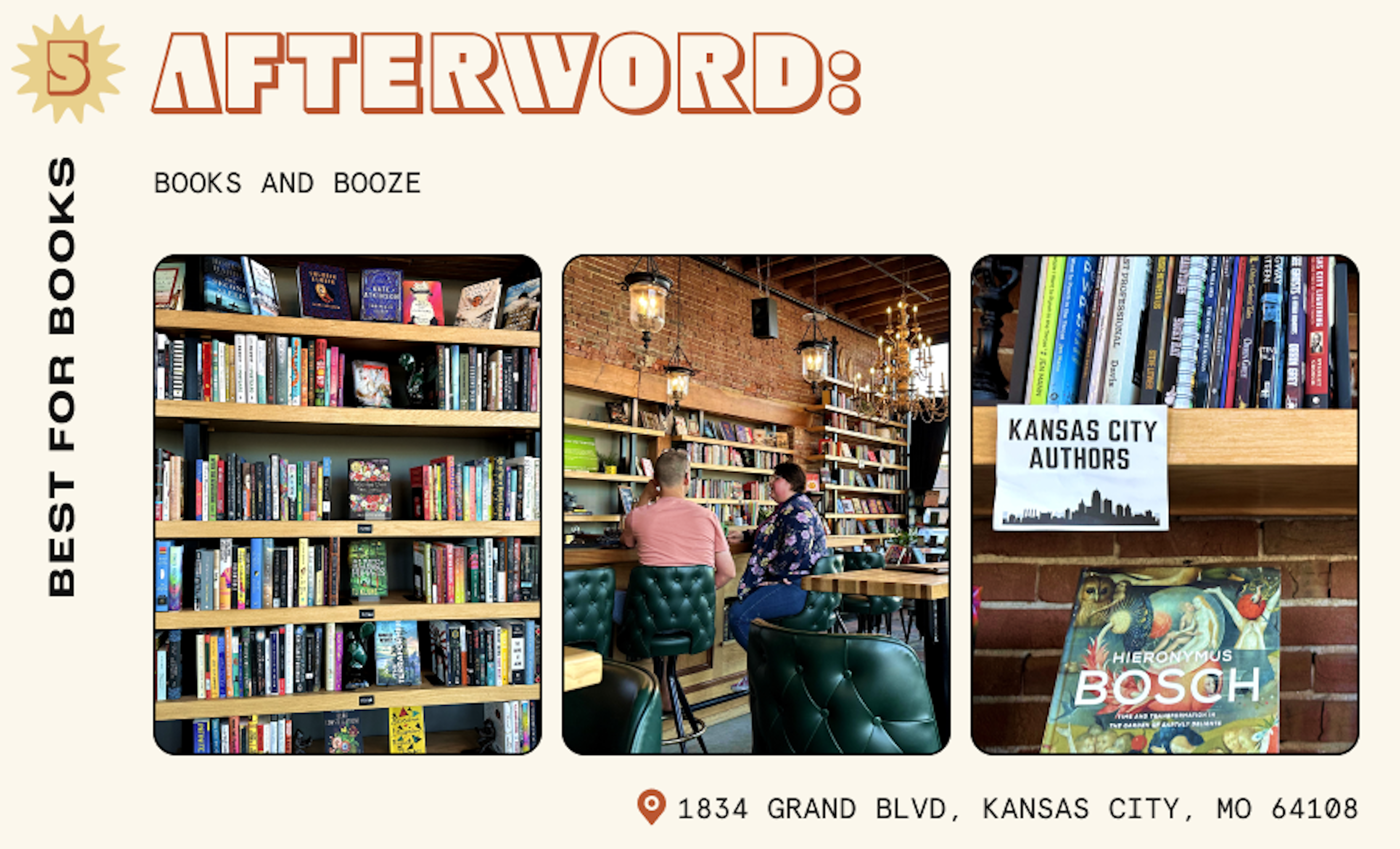 Interior of a bookshop-cum-bar in Kansas City with leather seats, chandeliers and bookshelves