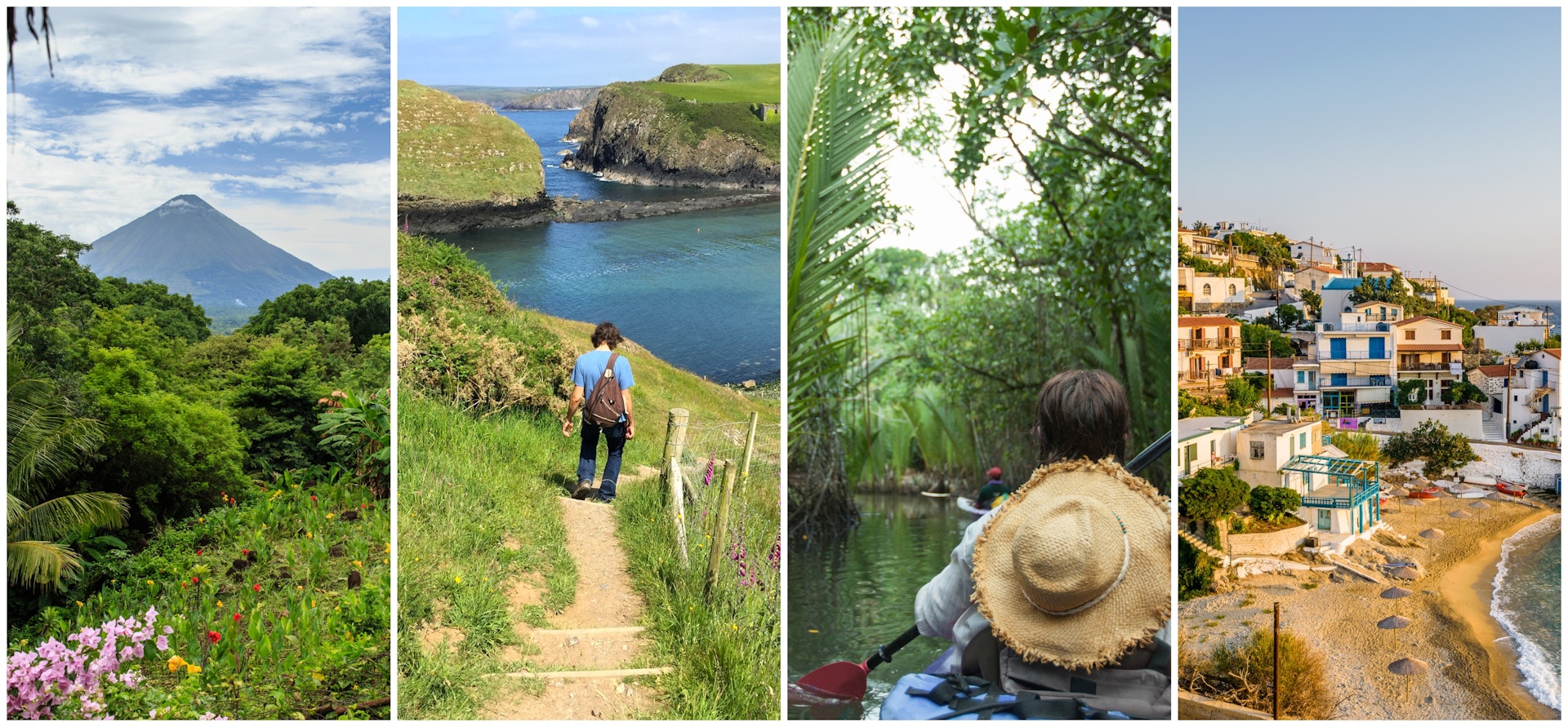 Volcano in Nicaragua, coastal walking trail in Wales, A kayaker in Palau and a beach town in Ikaraia, Greece