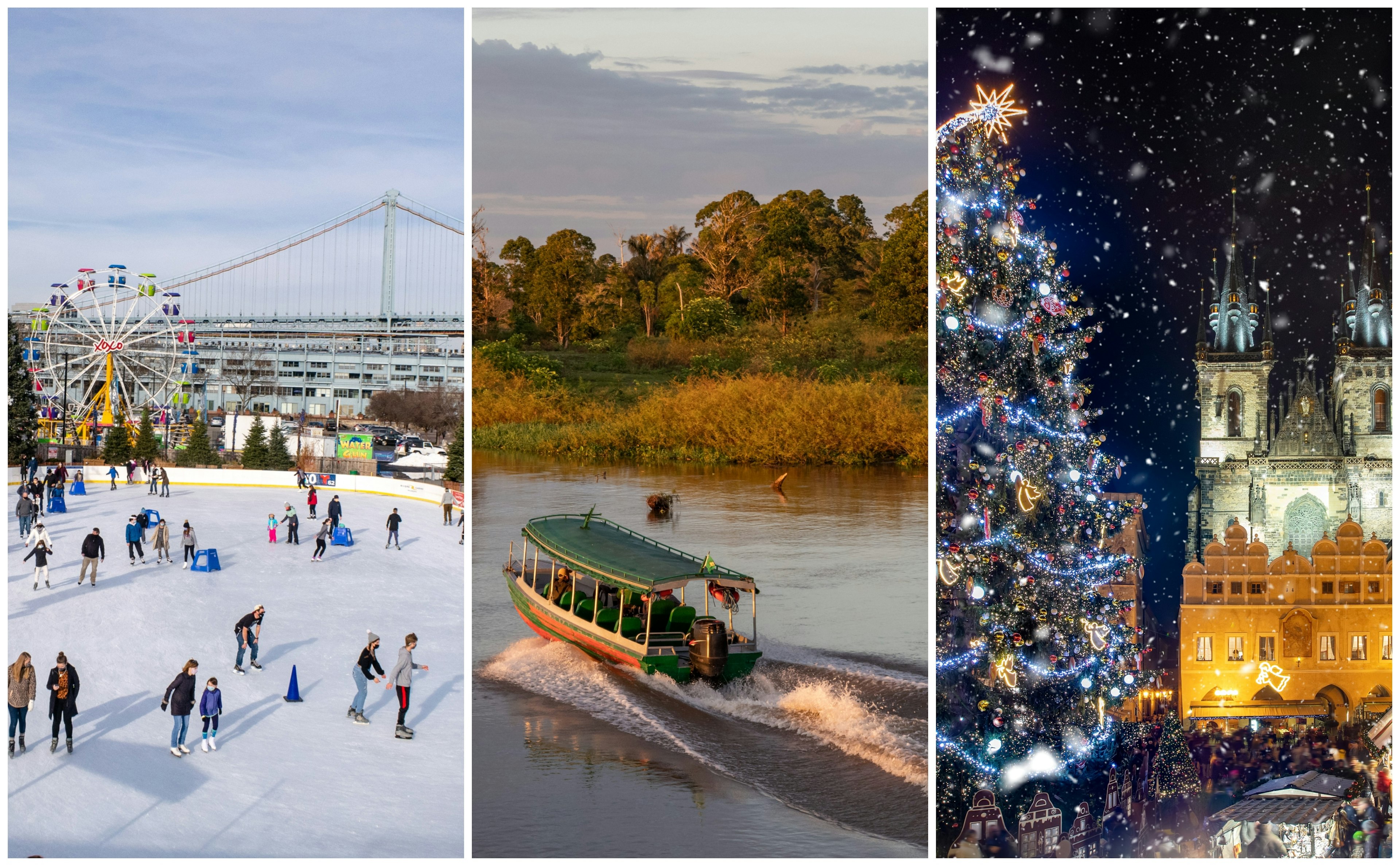 Ice skating rink at Christmas time in Philadelphia, a water boat in Manaus and a view to the old town square of Prague during night time with a Christmas market in winter time with snow