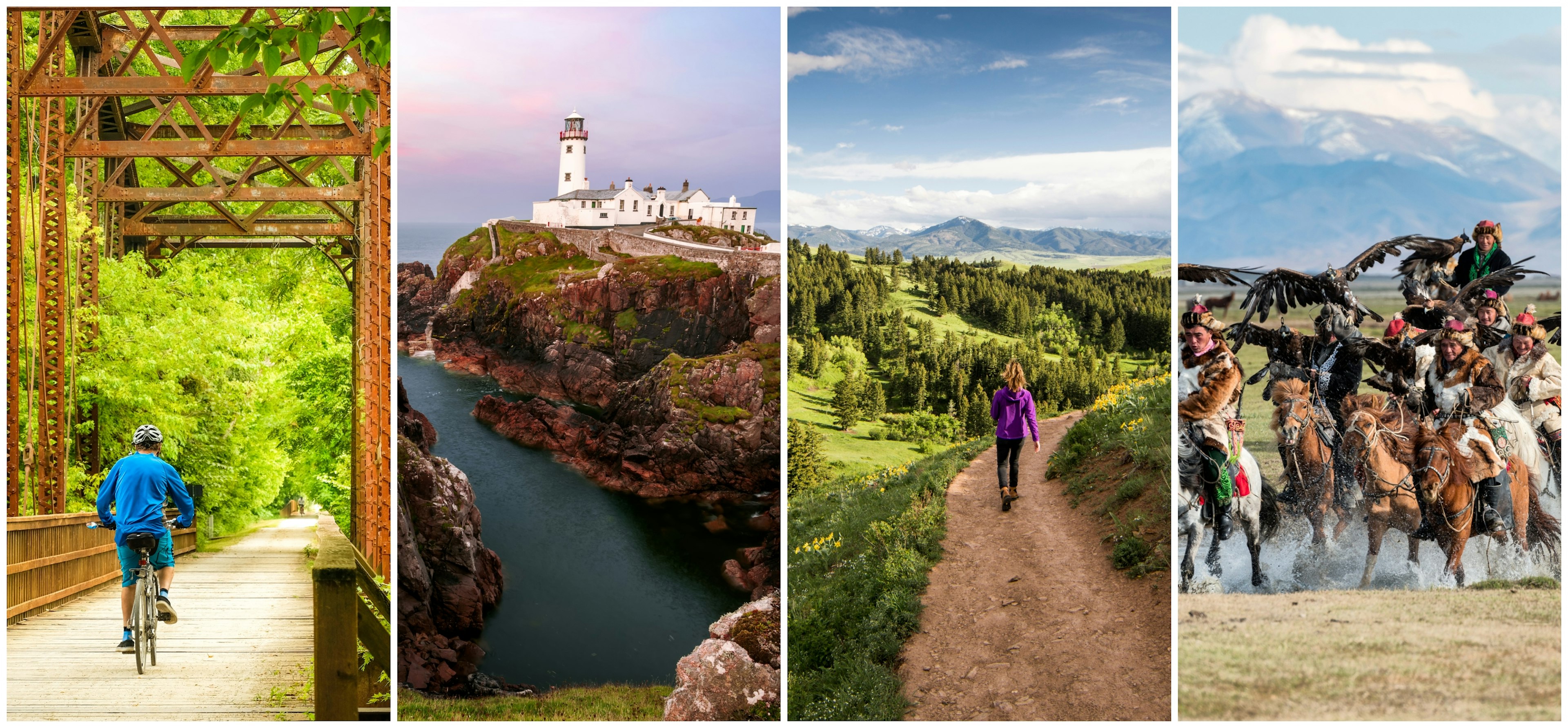 Cycling in Midwest, Donegal lighthouse, Montana hiking path and people in Mongolia hunt with golden eagles